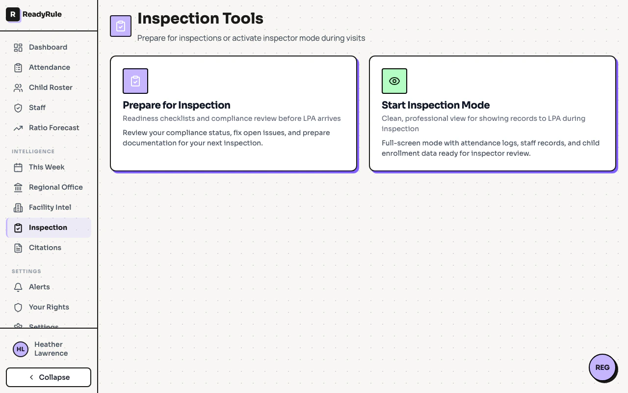 Full Inspection Readiness dashboard layout