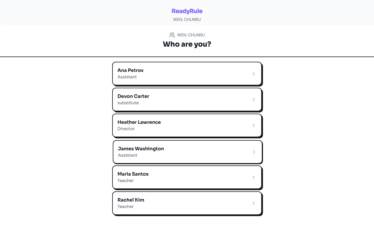 Staff kiosk sign-in screen with name list