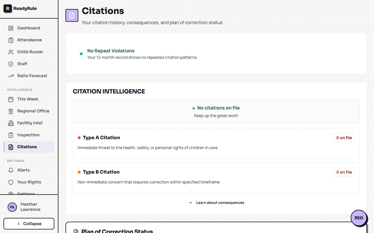 Violations library showing violation cards organized by category