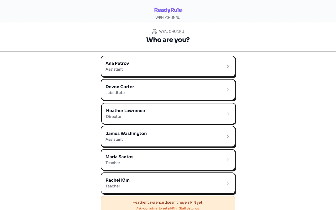 Staff kiosk PIN sign-in screen showing the staff list and PIN entry keypad