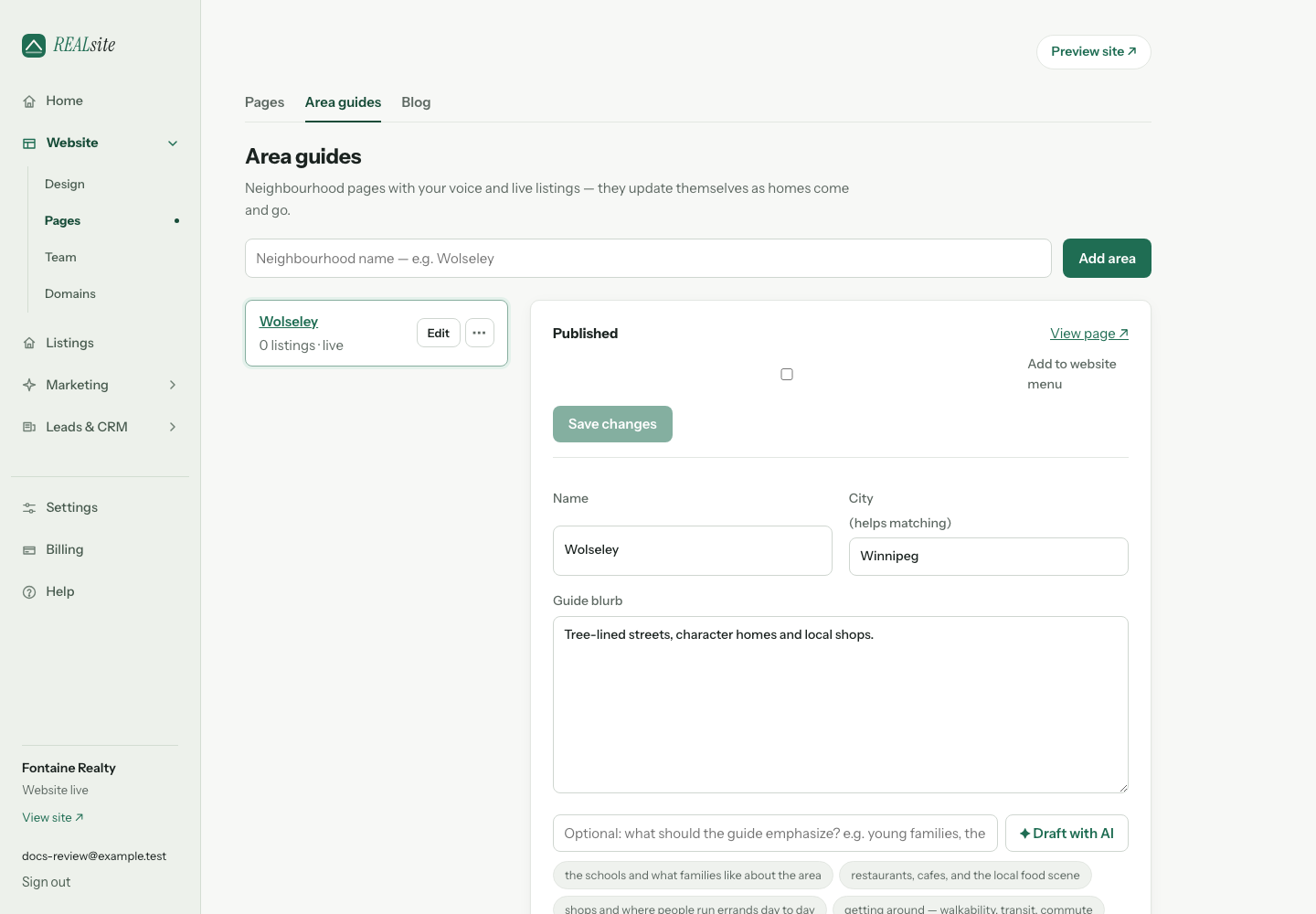Areas: your neighbourhood guides, with live listings inside.