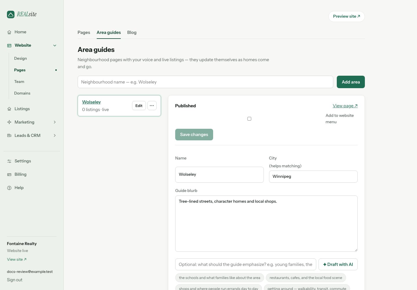 Areas: your neighbourhood guides, with live listings inside.