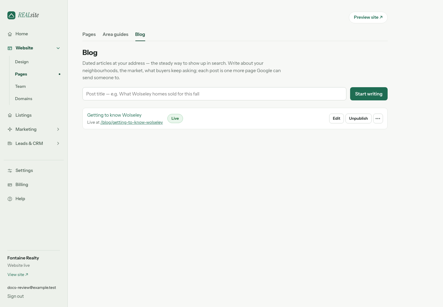 Blog: write it yourself or let AI draft from your own market — nothing publishes without you.