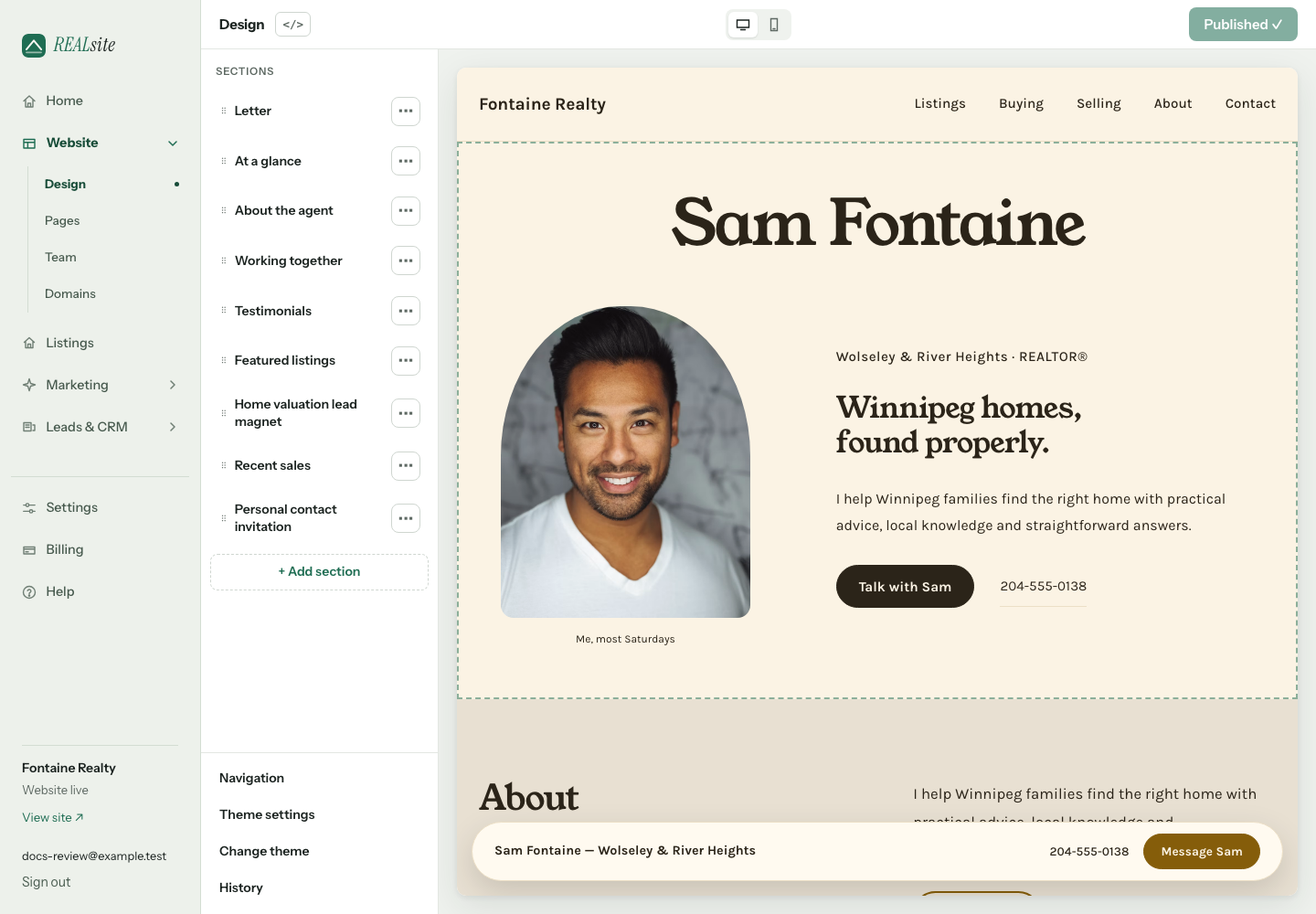 Design: sections on the left, your live site on the right — themes and colour schemes included.