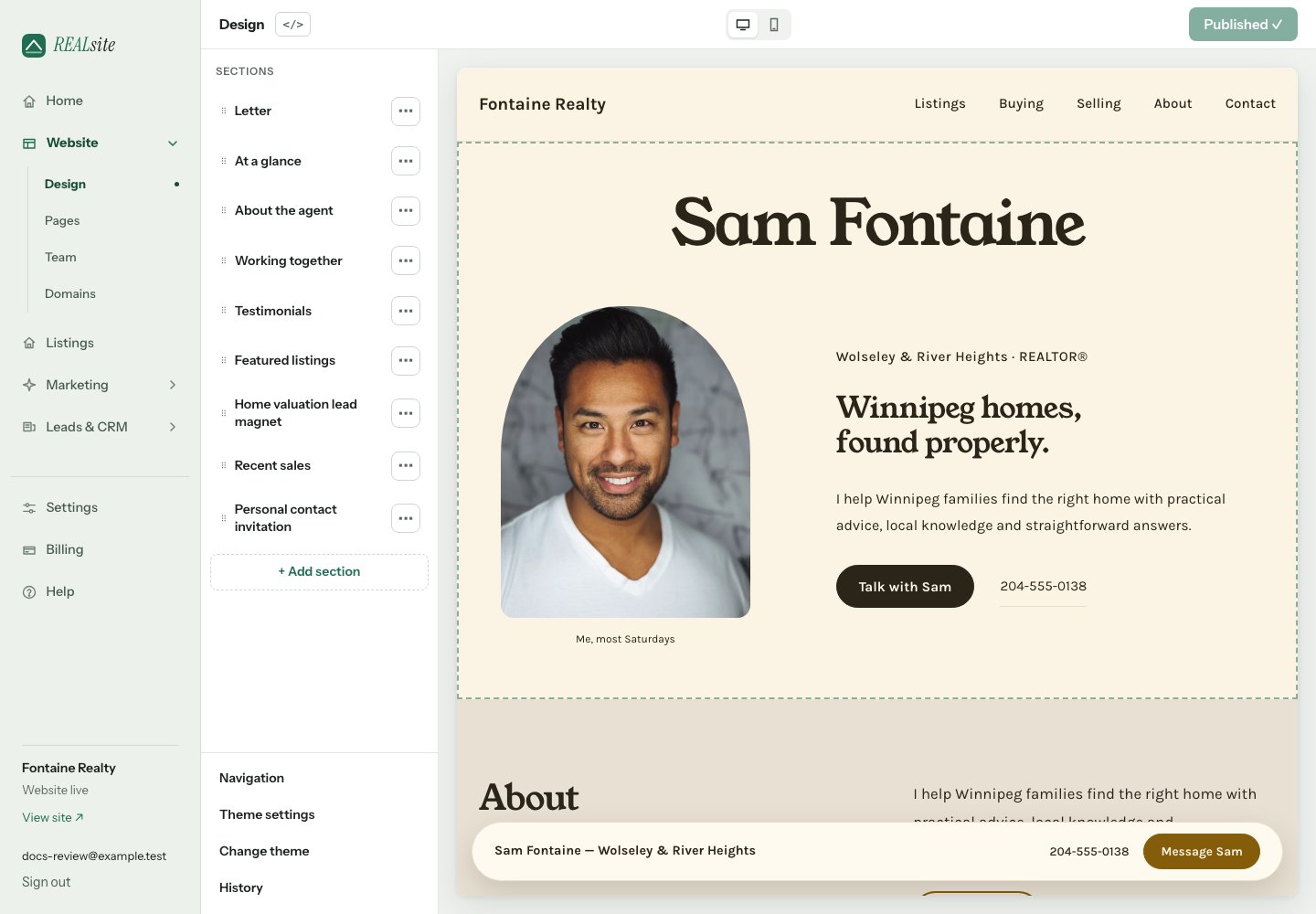 Design: sections on the left, your live site on the right — themes and colour schemes included.