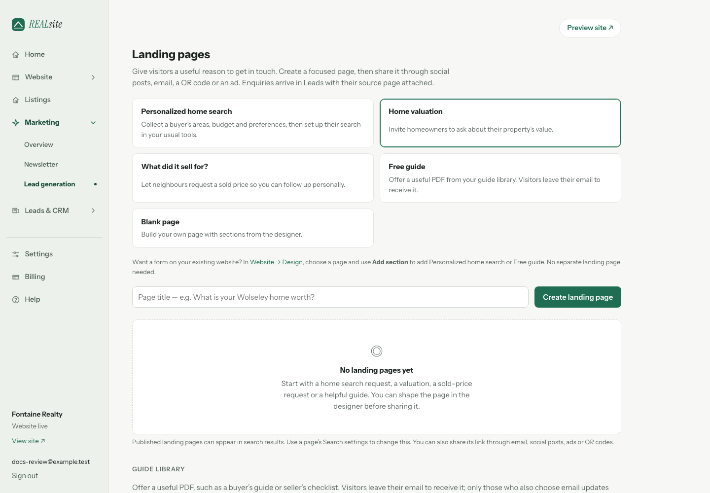 The Landing pages screen with page types, publication status and a guide library.