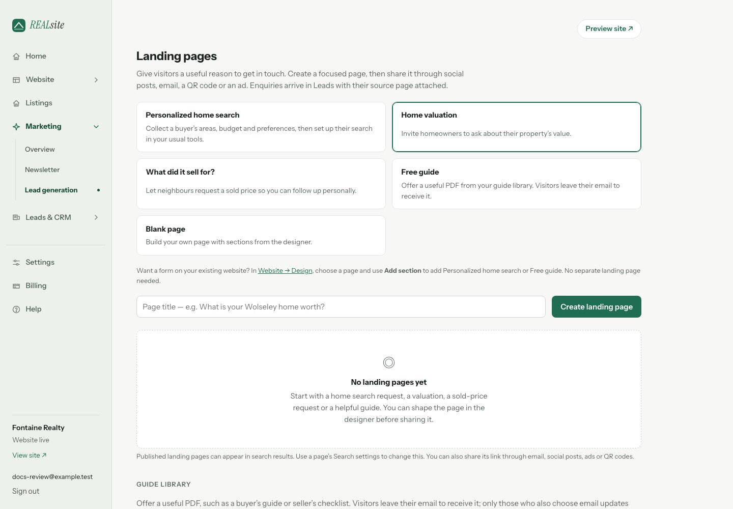 The Landing pages screen with page types, publication status and a guide library.