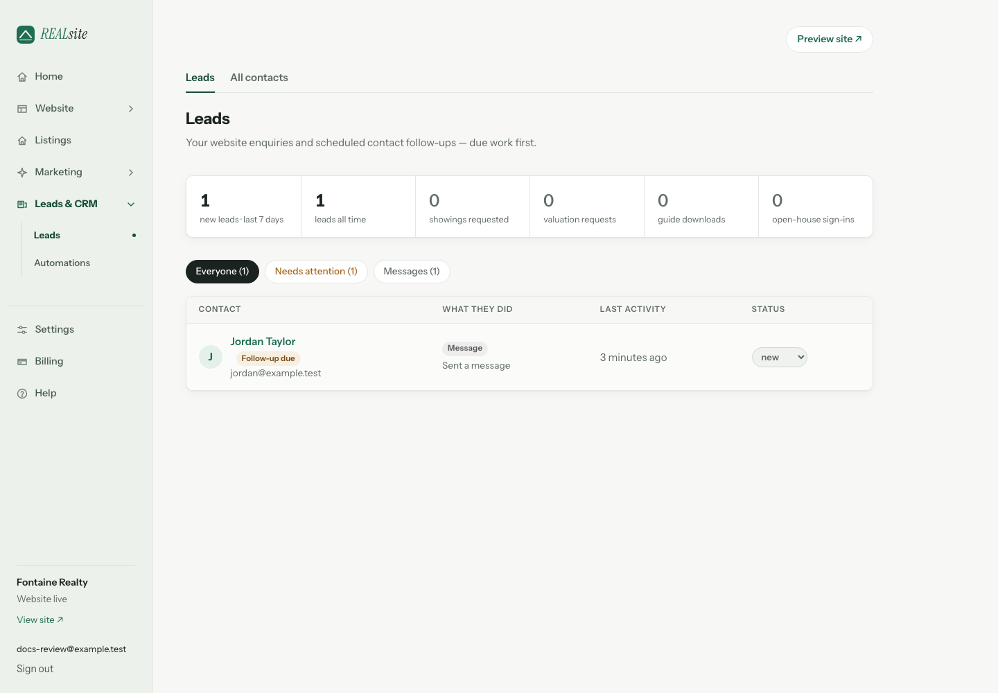 Every lead in one place, newest activity first.