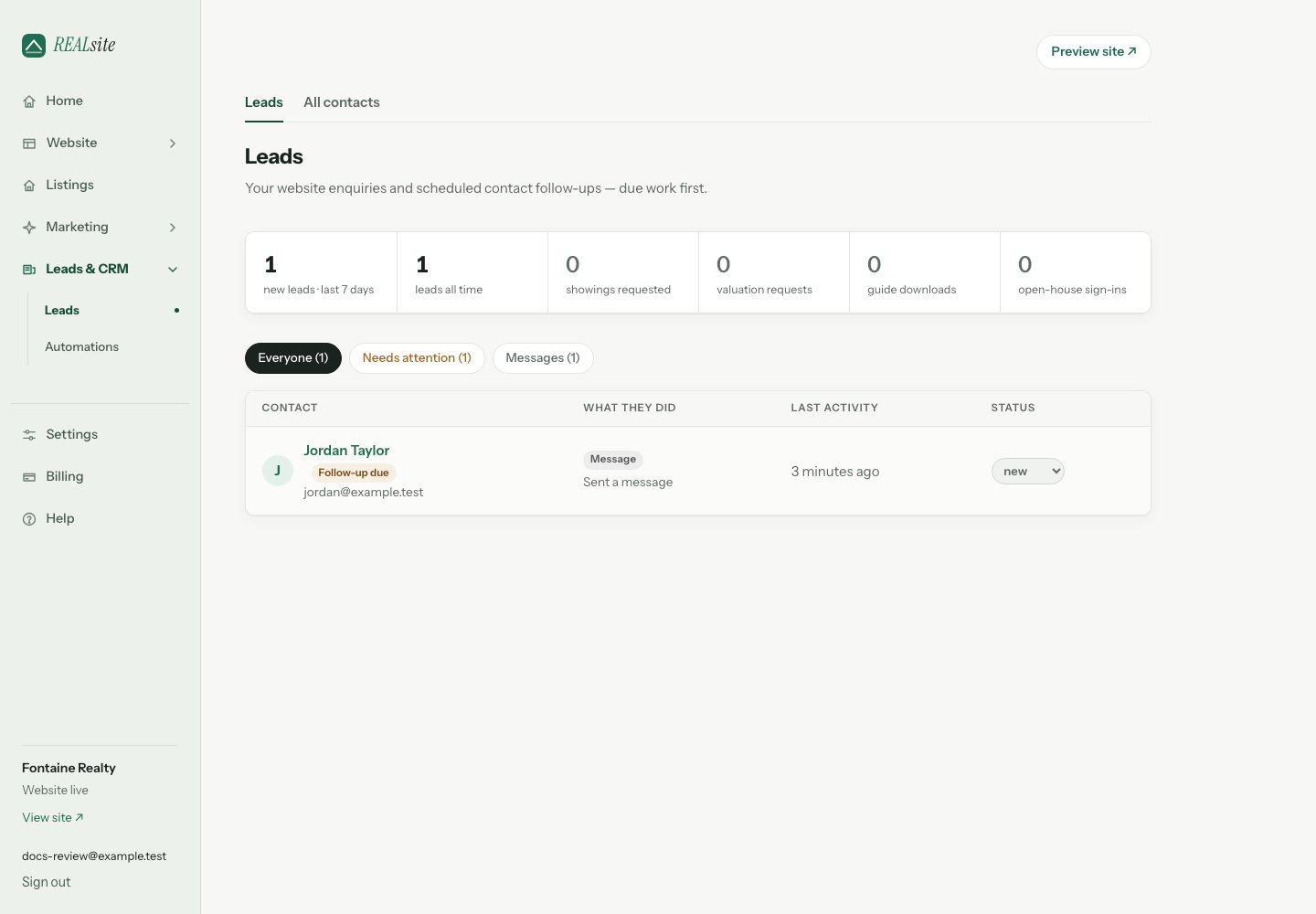 Every lead in one place, newest activity first.