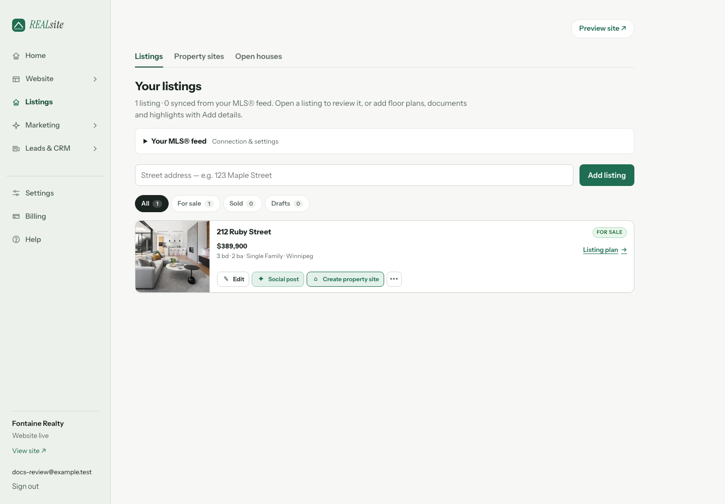 Listing cards with prominent Create social post and Property site actions.