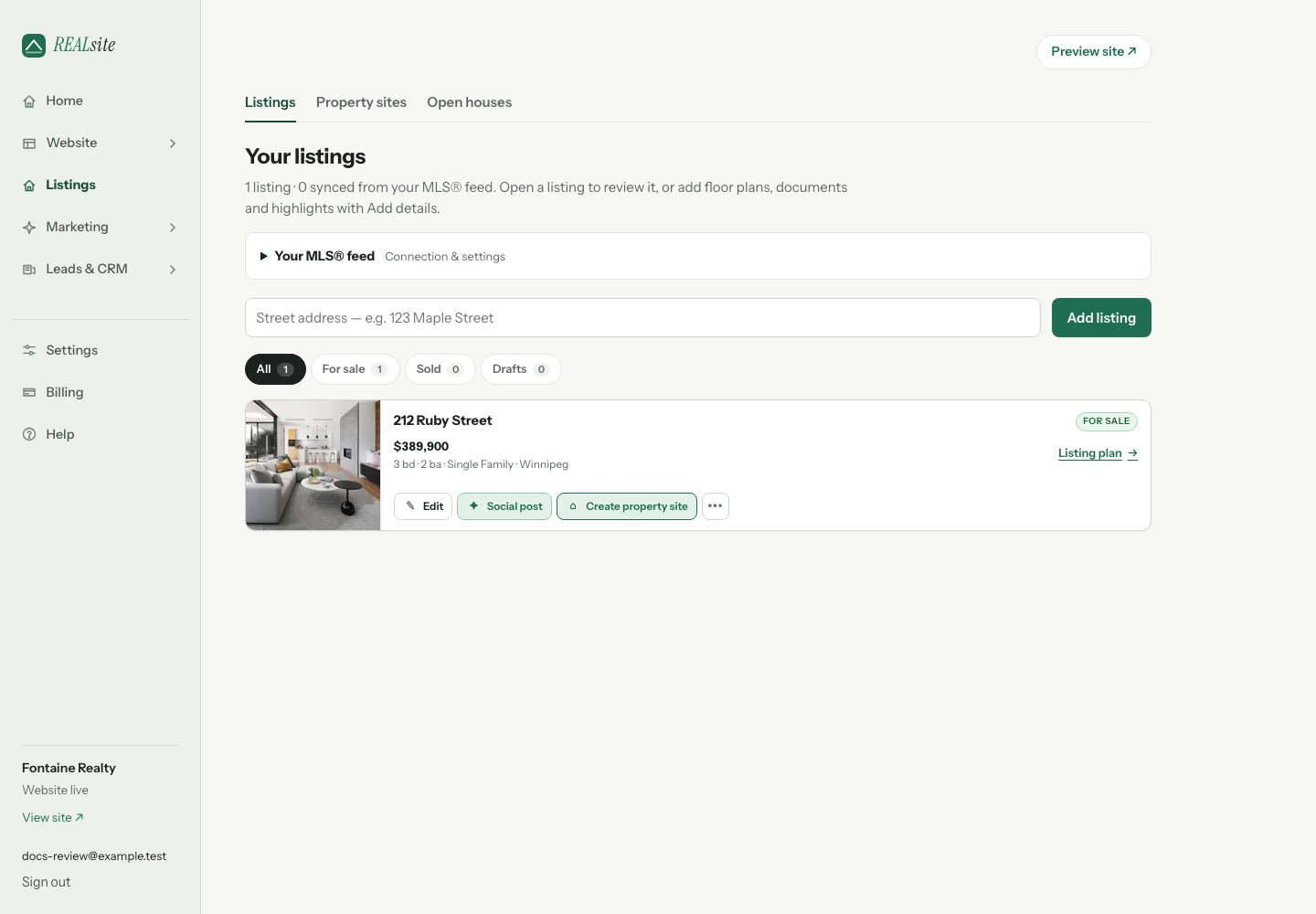 Listing cards with prominent Create social post and Property site actions.