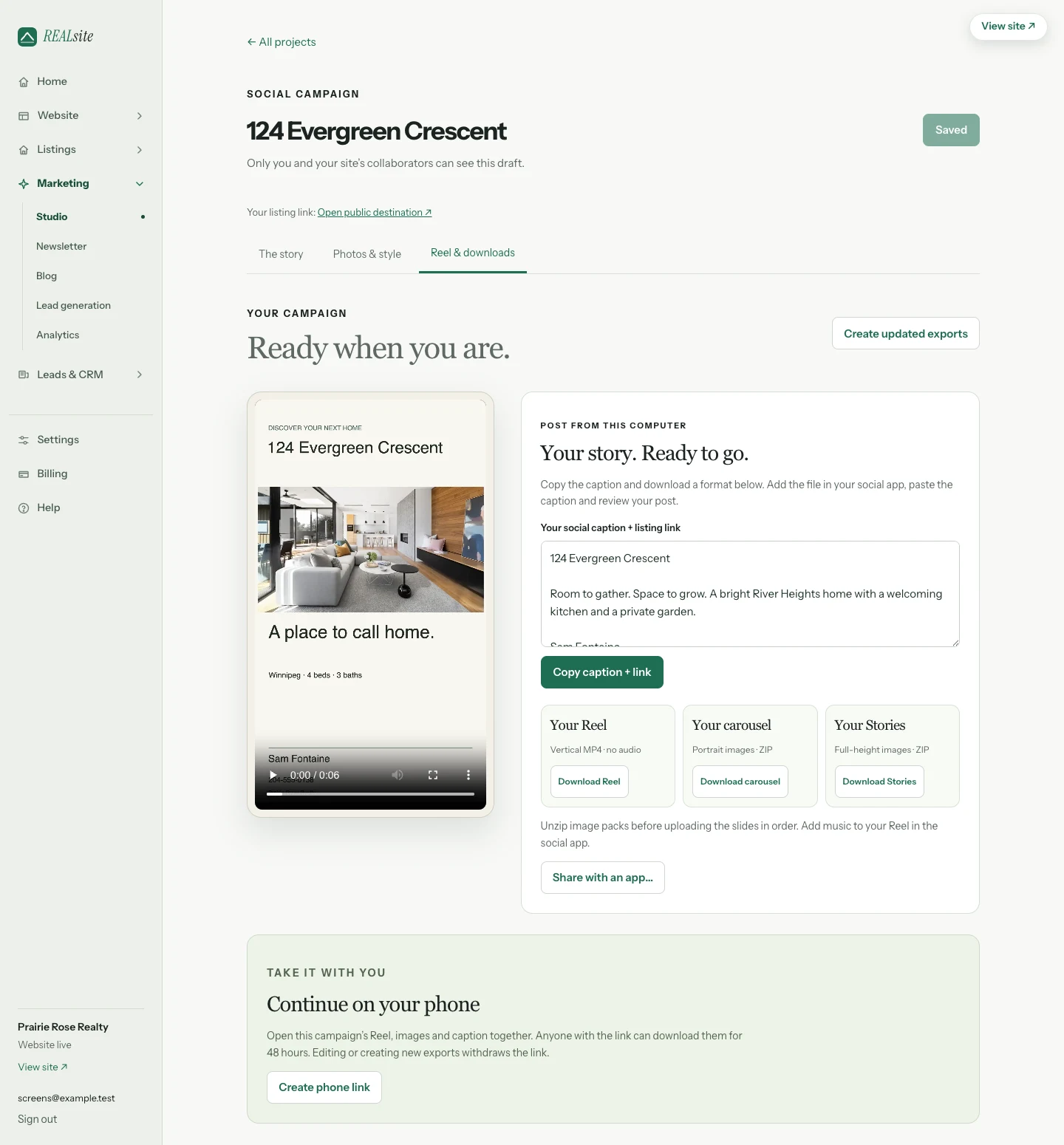 A completed sample campaign with a Reel preview and carousel and Story downloads.