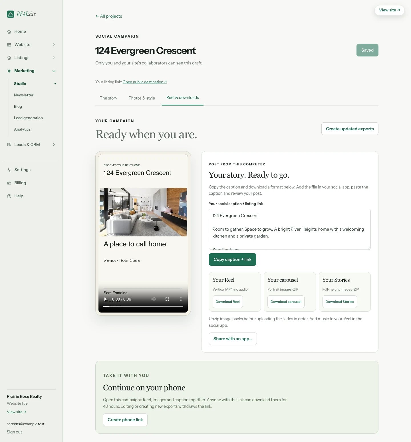 A completed sample campaign with a Reel preview and carousel and Story downloads.