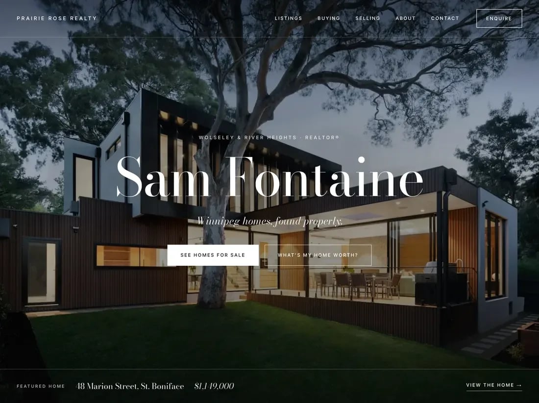 Laurier homepage with the agent's name set large across a full-screen photograph of a home
