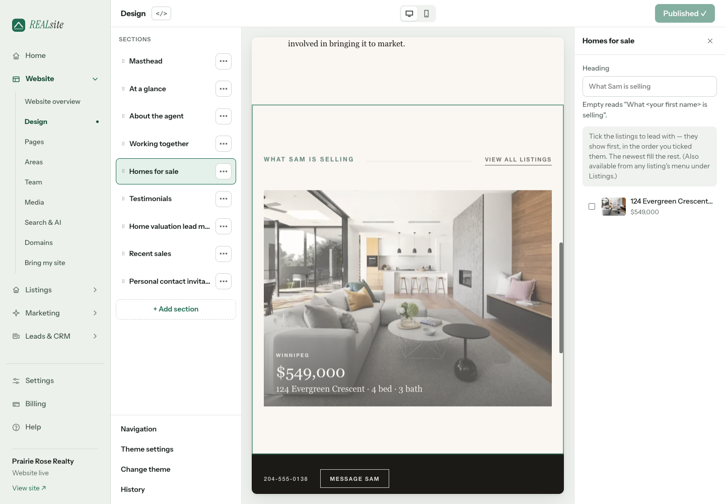 A section's schema rendered as a settings panel in the Design editor