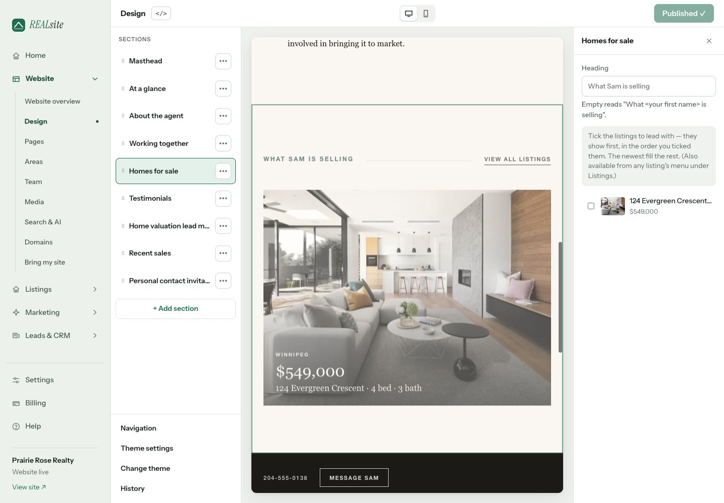 A section's schema rendered as a settings panel in the Design editor