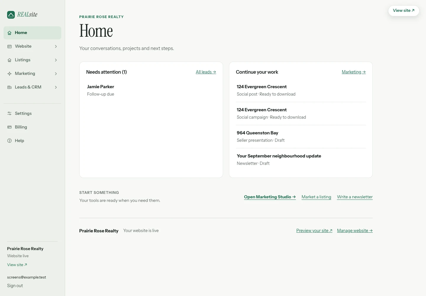 REALsite Home with five workspaces, an enquiry and saved materials in a sample account.