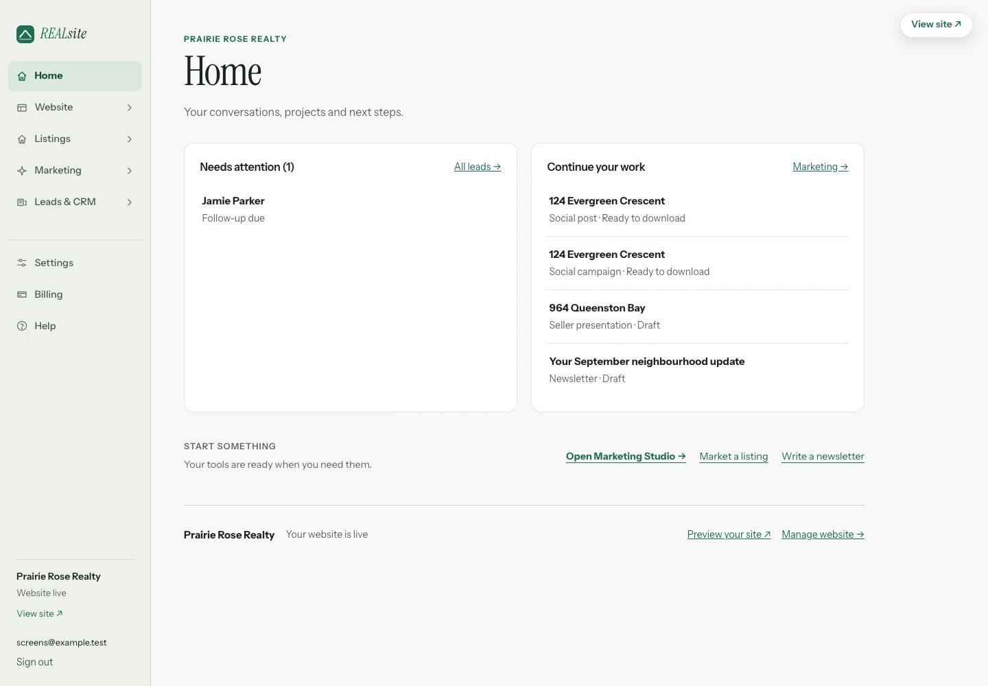REALsite Home with five workspaces, an enquiry and saved materials in a sample account.
