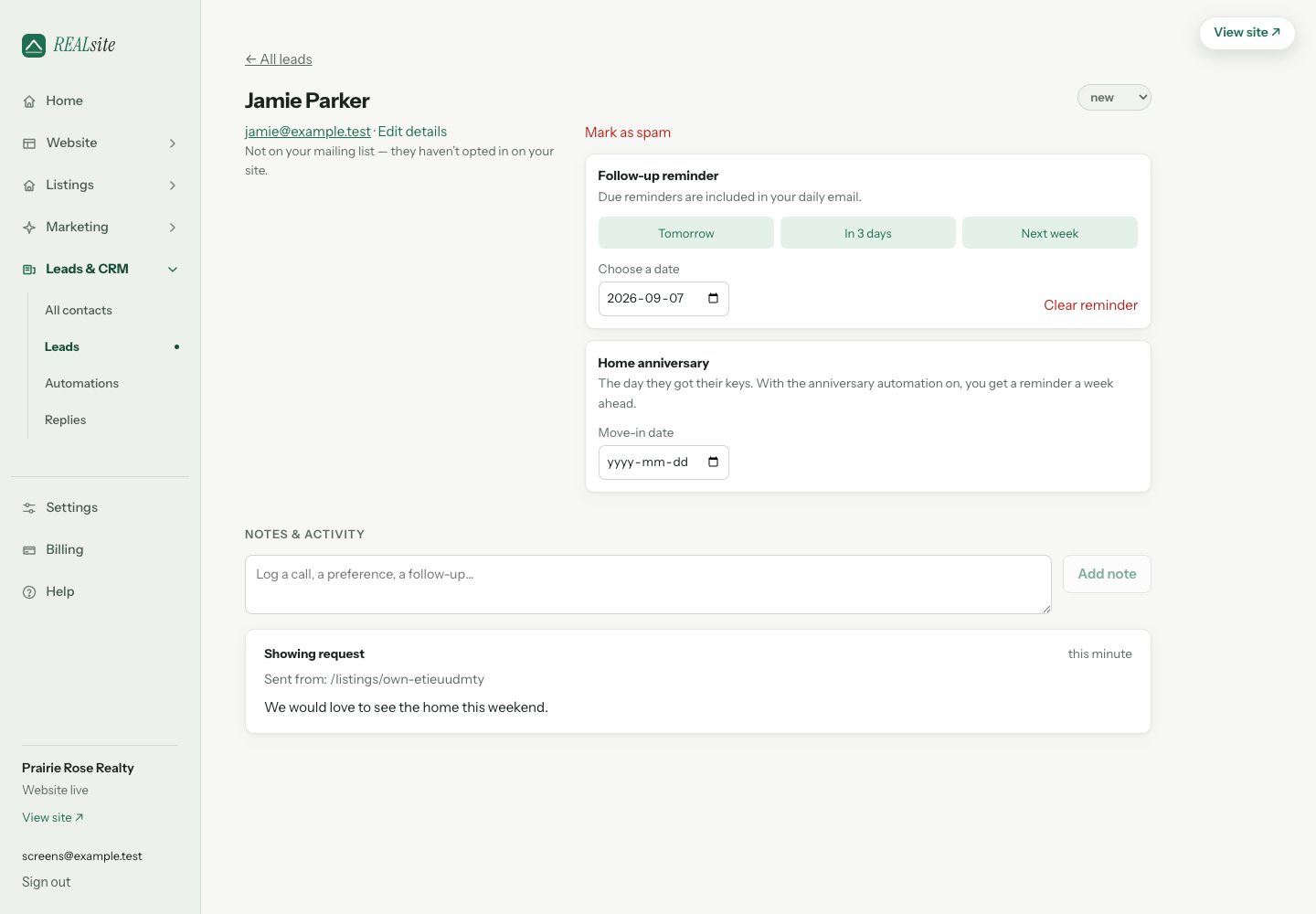 Contact details, follow-up controls and enquiry activity.