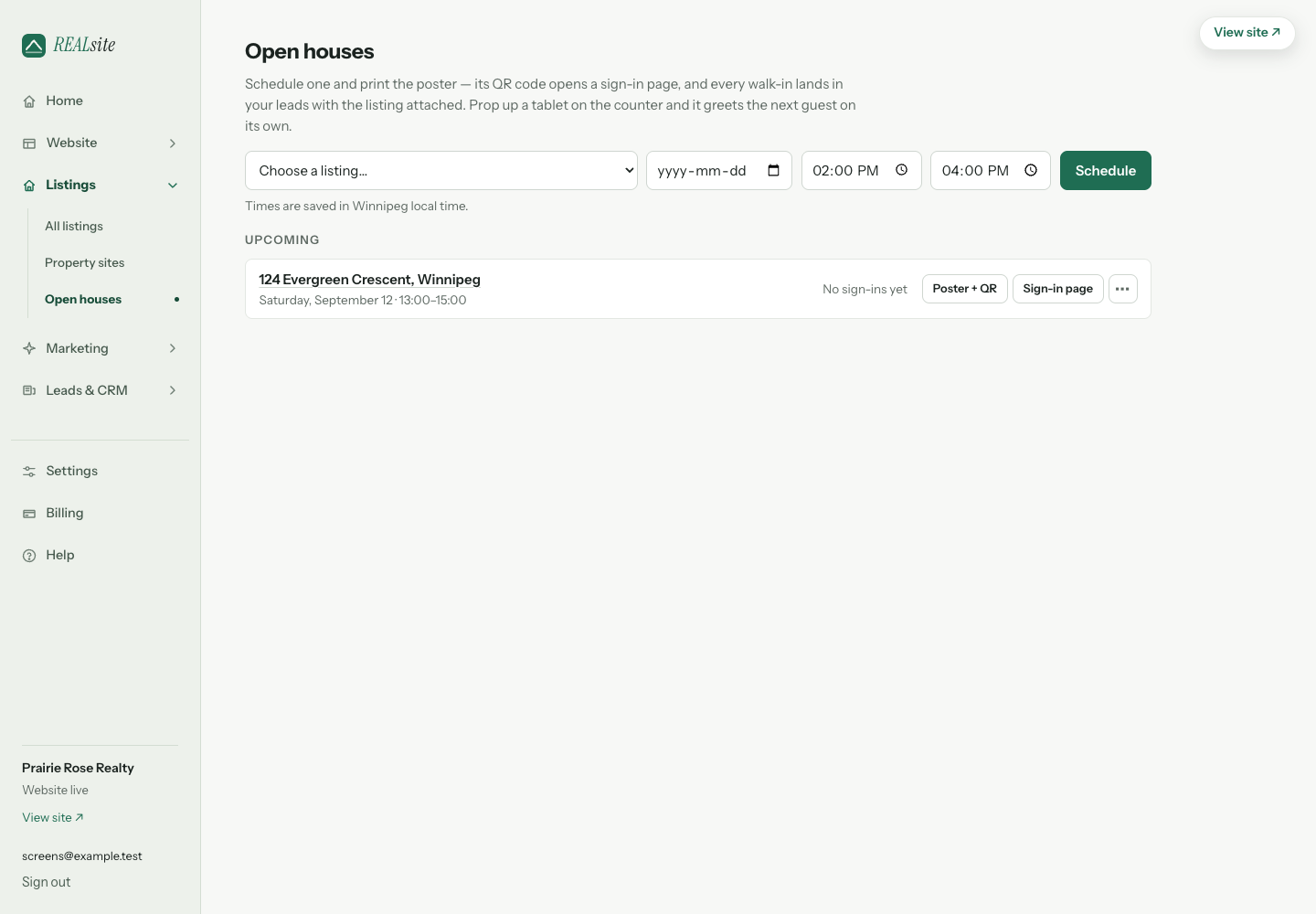 The Open houses admin page with event tools and sign-in counts.