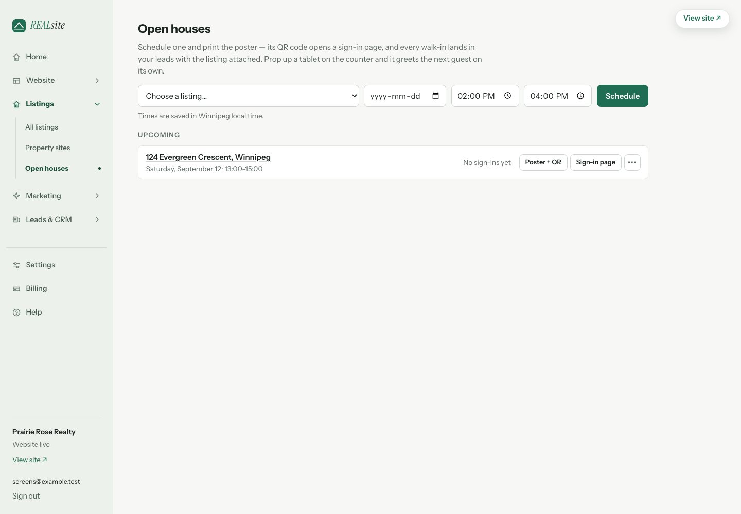 The Open houses admin page with event tools and sign-in counts.