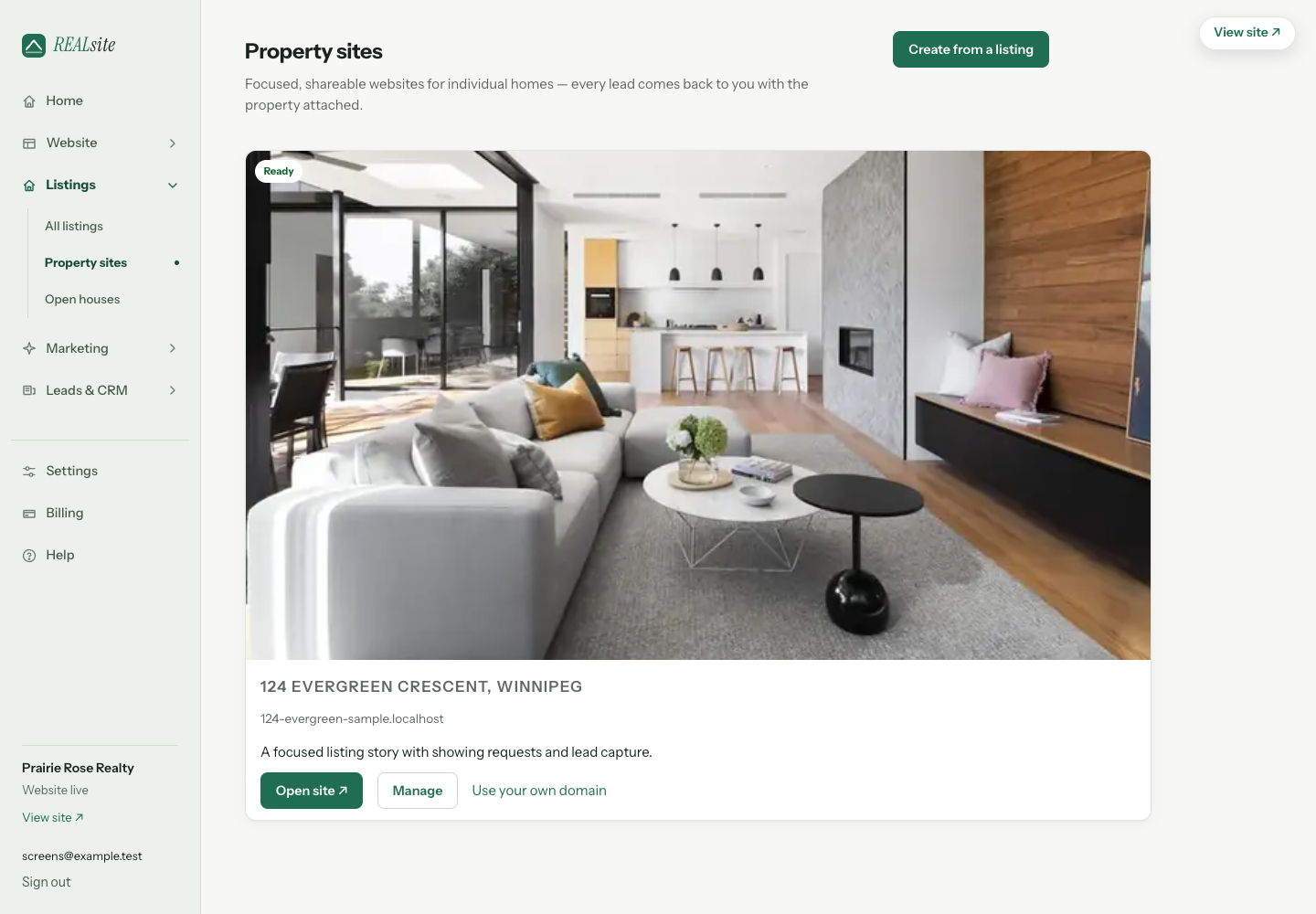 The Property sites admin page with ready sites and clear Open site and Manage actions.