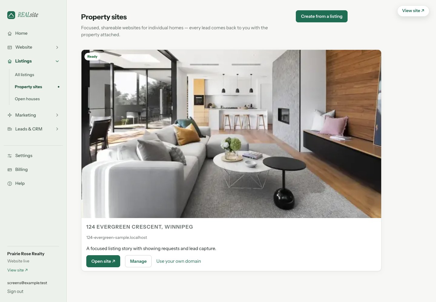 The Property sites admin page with ready sites and clear Open site and Manage actions.