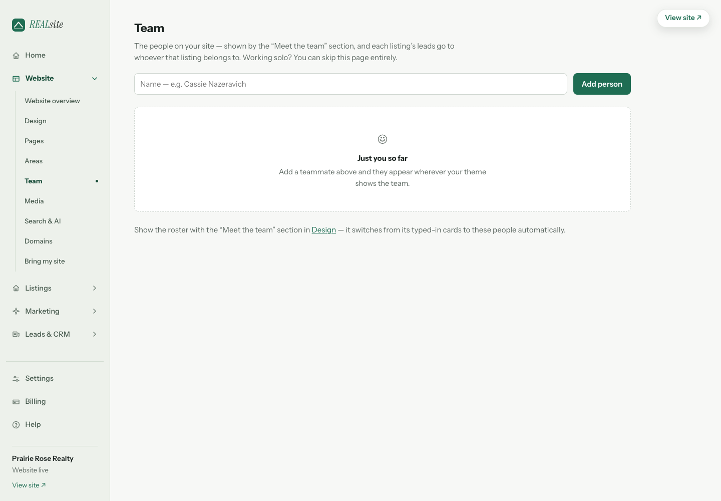 Team: the roster that powers your team section and routes each lead to its agent.