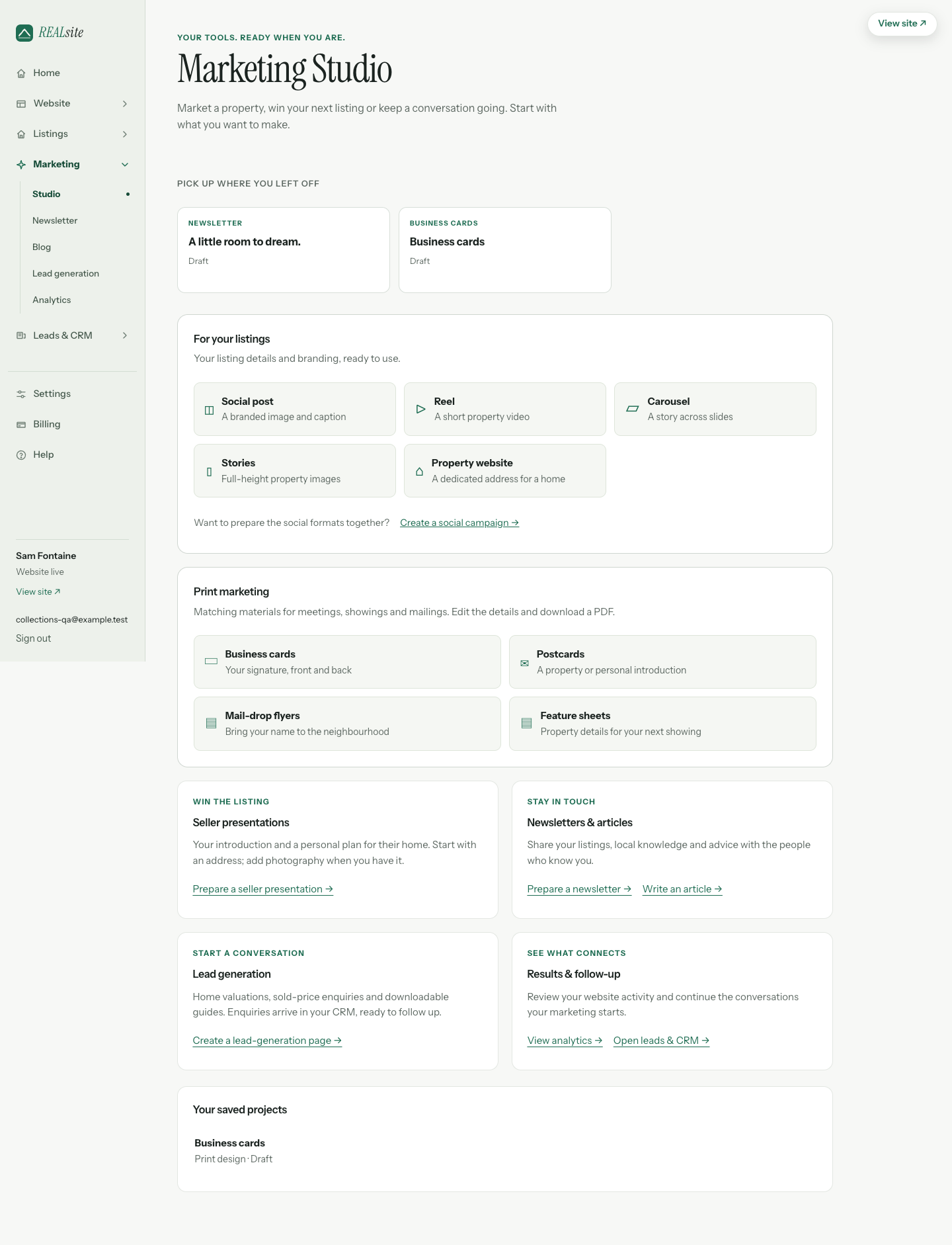 Marketing with recent work, listing formats, Print marketing, seller presentations and follow-up tools.
