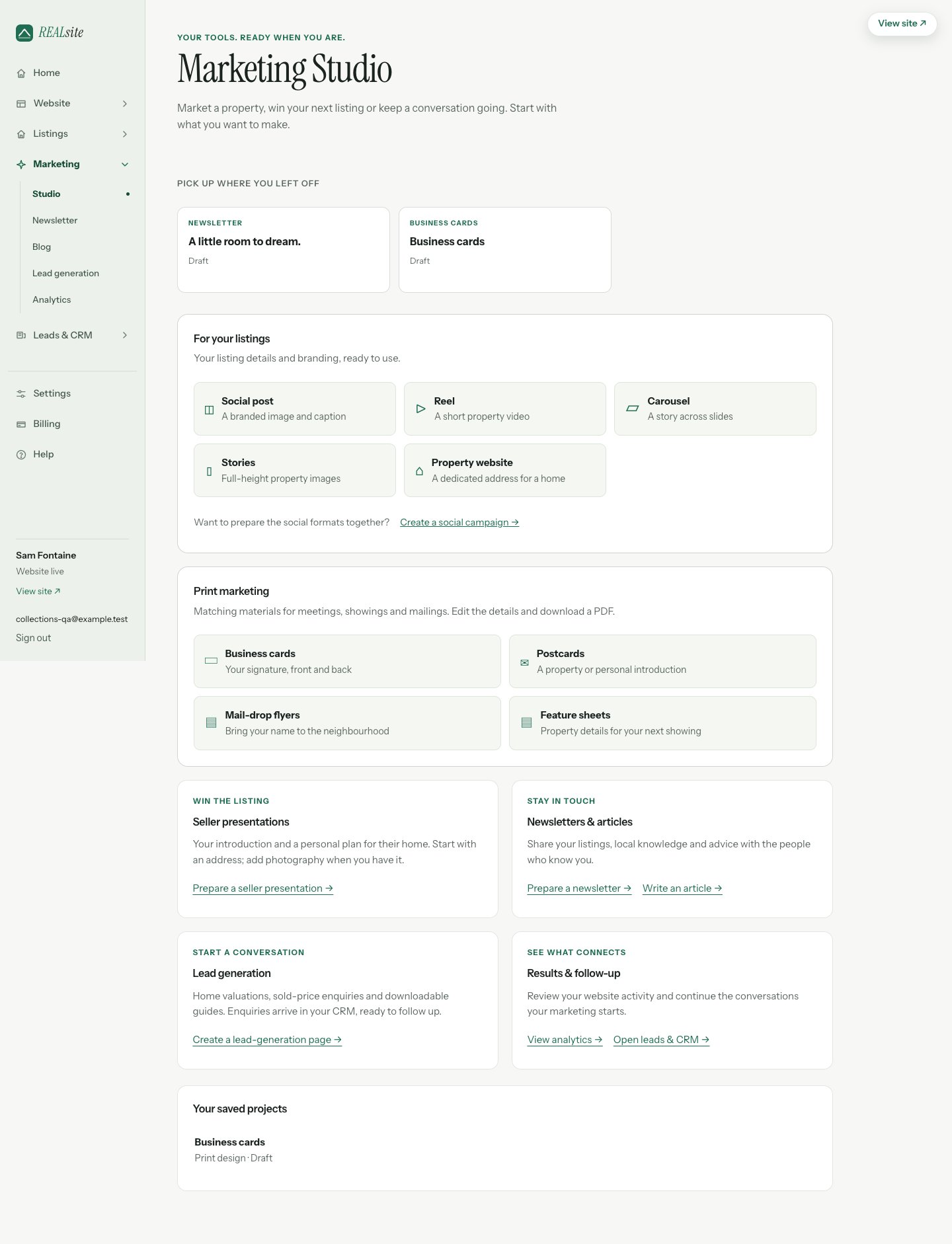 Marketing with recent work, listing formats, Print marketing, seller presentations and follow-up tools.