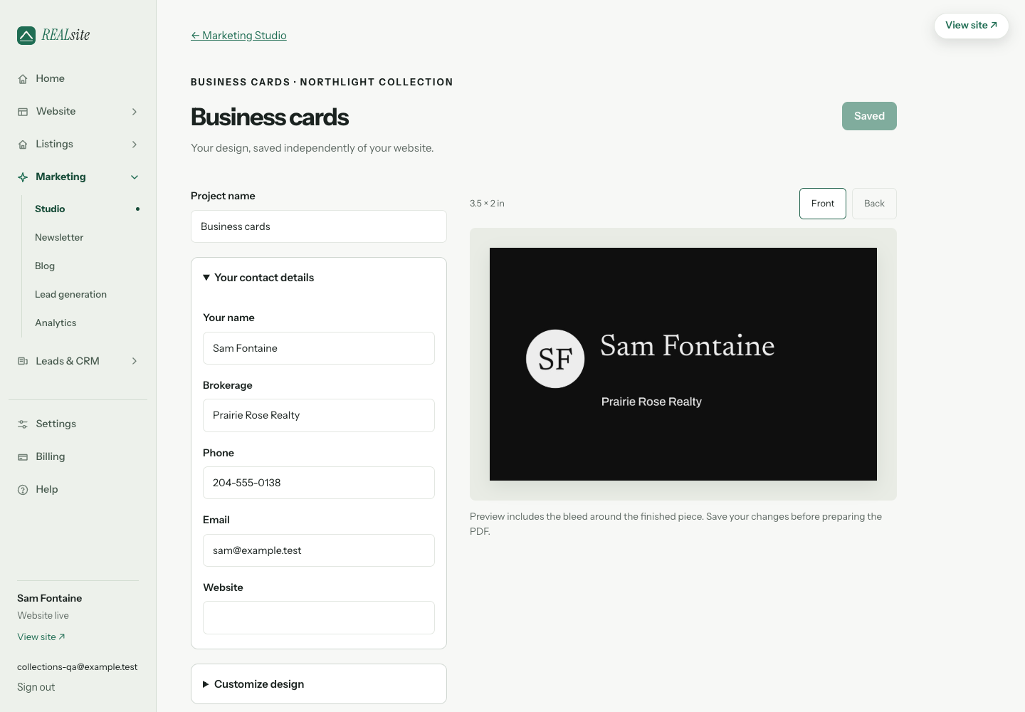 The print editor with editable contact details, a Northlight business card preview and front/back controls