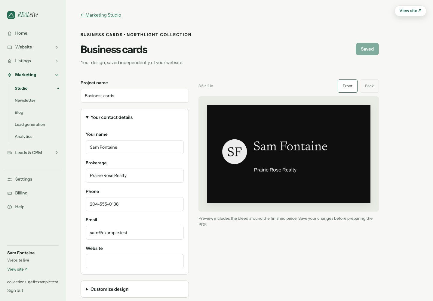 The print editor with editable contact details, a Northlight business card preview and front/back controls