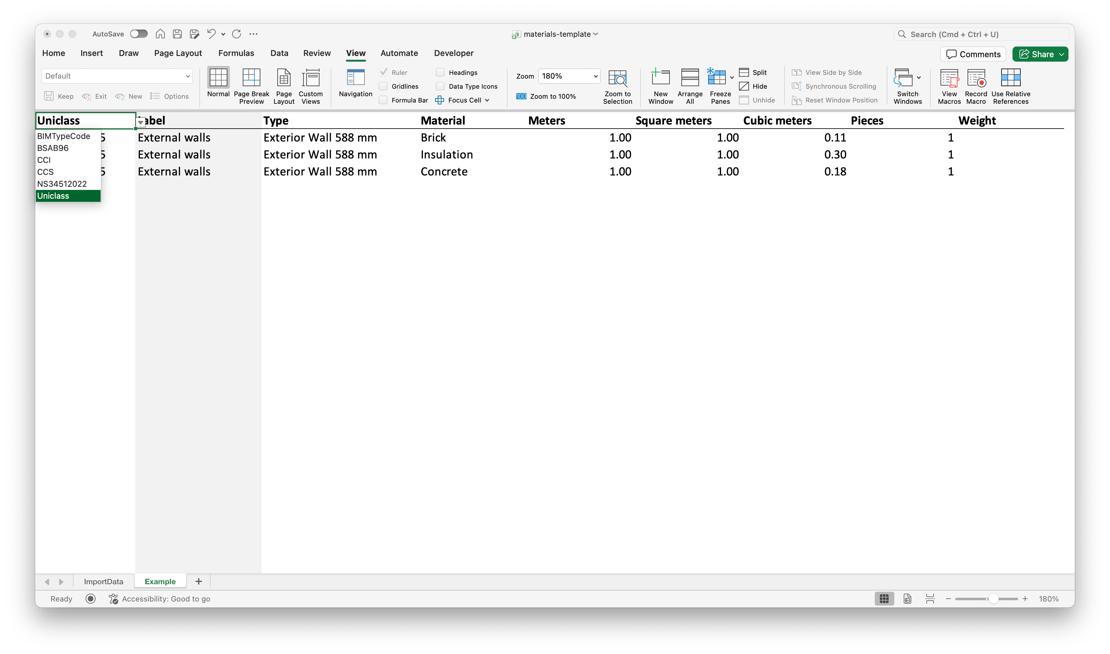 ImportData sheet with cell A1 open showing the classification system dropdown listing BIMTypeCode, BSAB96, CCI, CCS, NS34512022, and Uniclass.