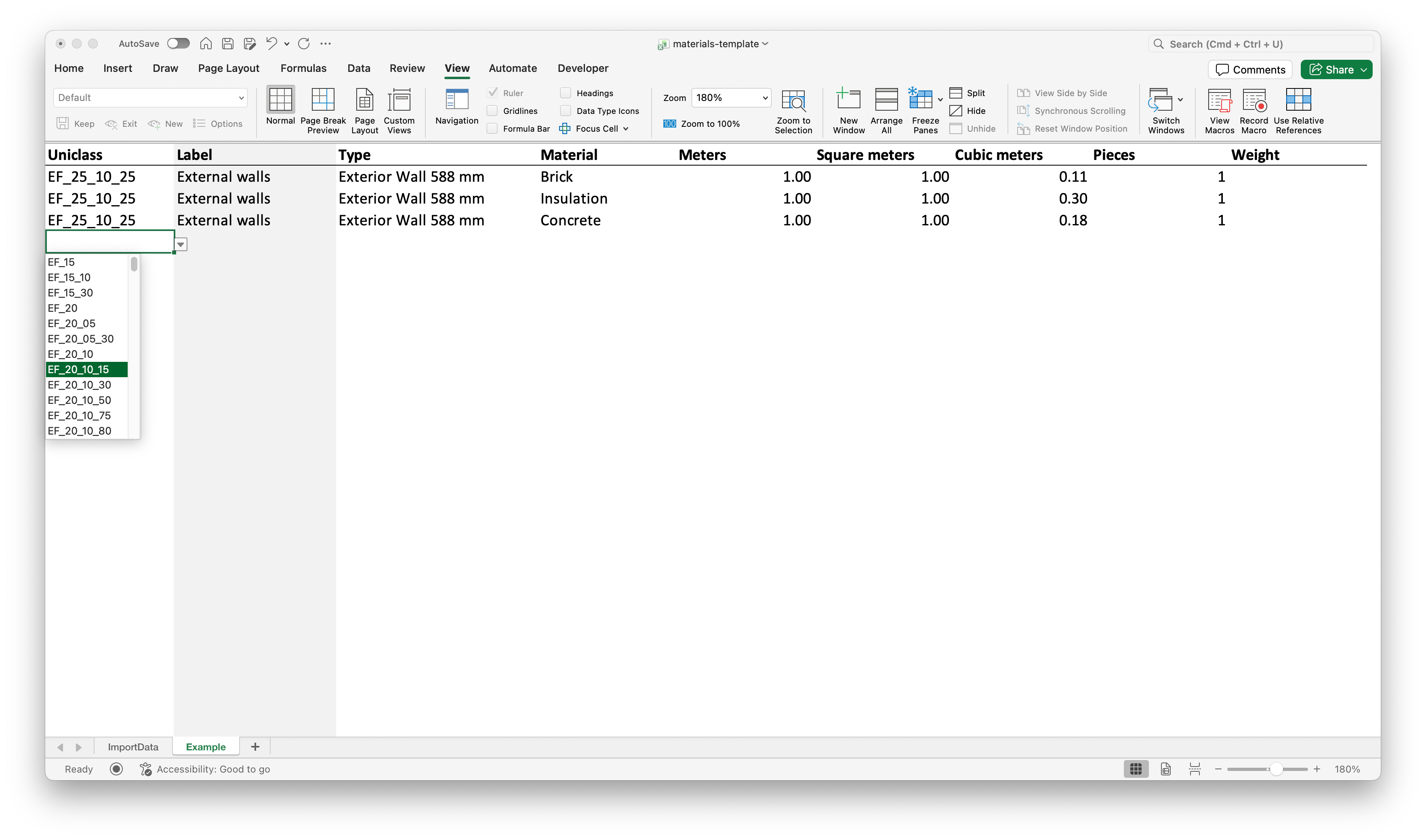 ImportData sheet with the cell below A1 open showing Uniclass codes like EF_15, EF_15_10, EF_15_30, EF_20, EF_20_10, EF_20_10_16.