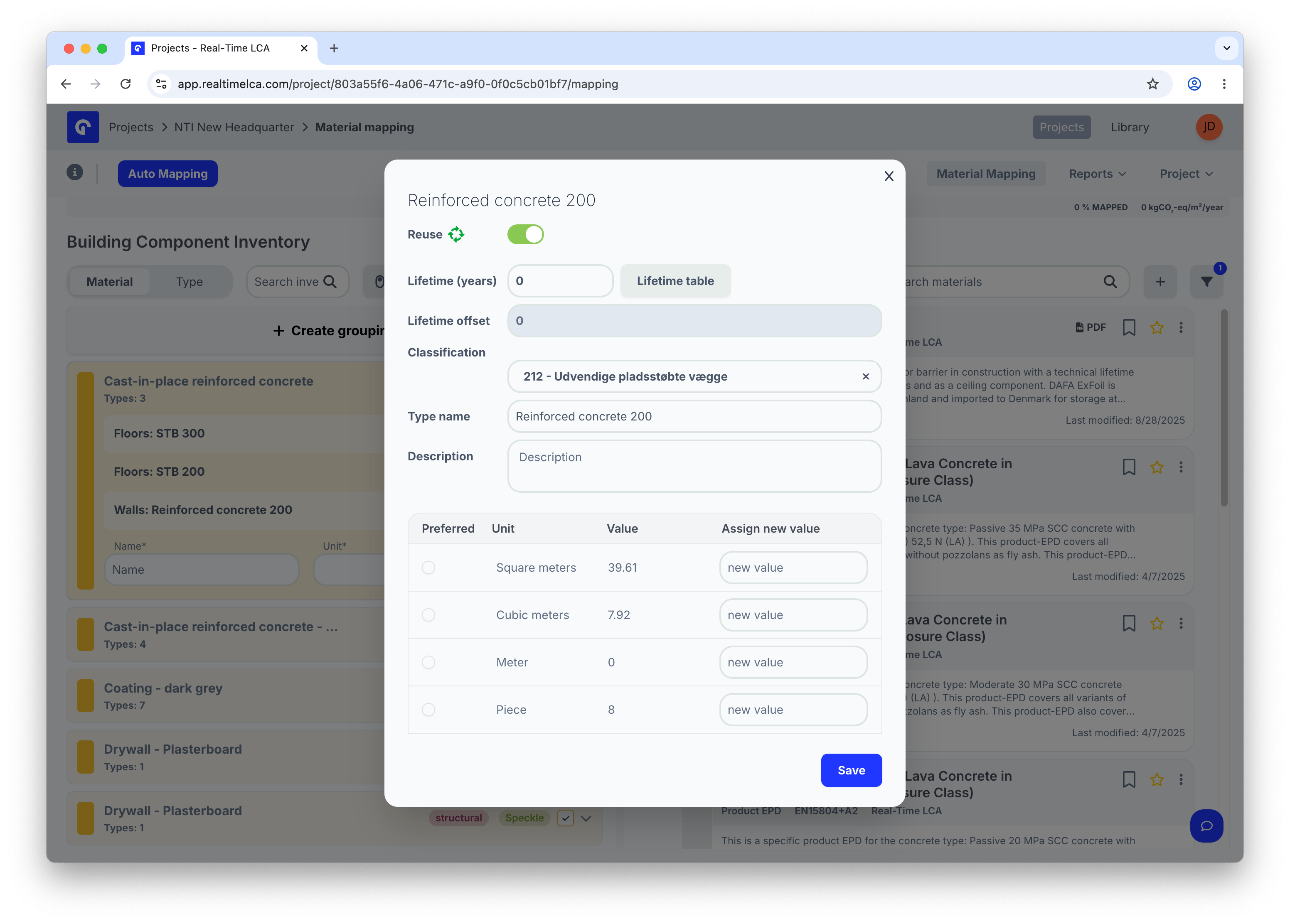 Item properties modal with the Reuse toggle switched on.