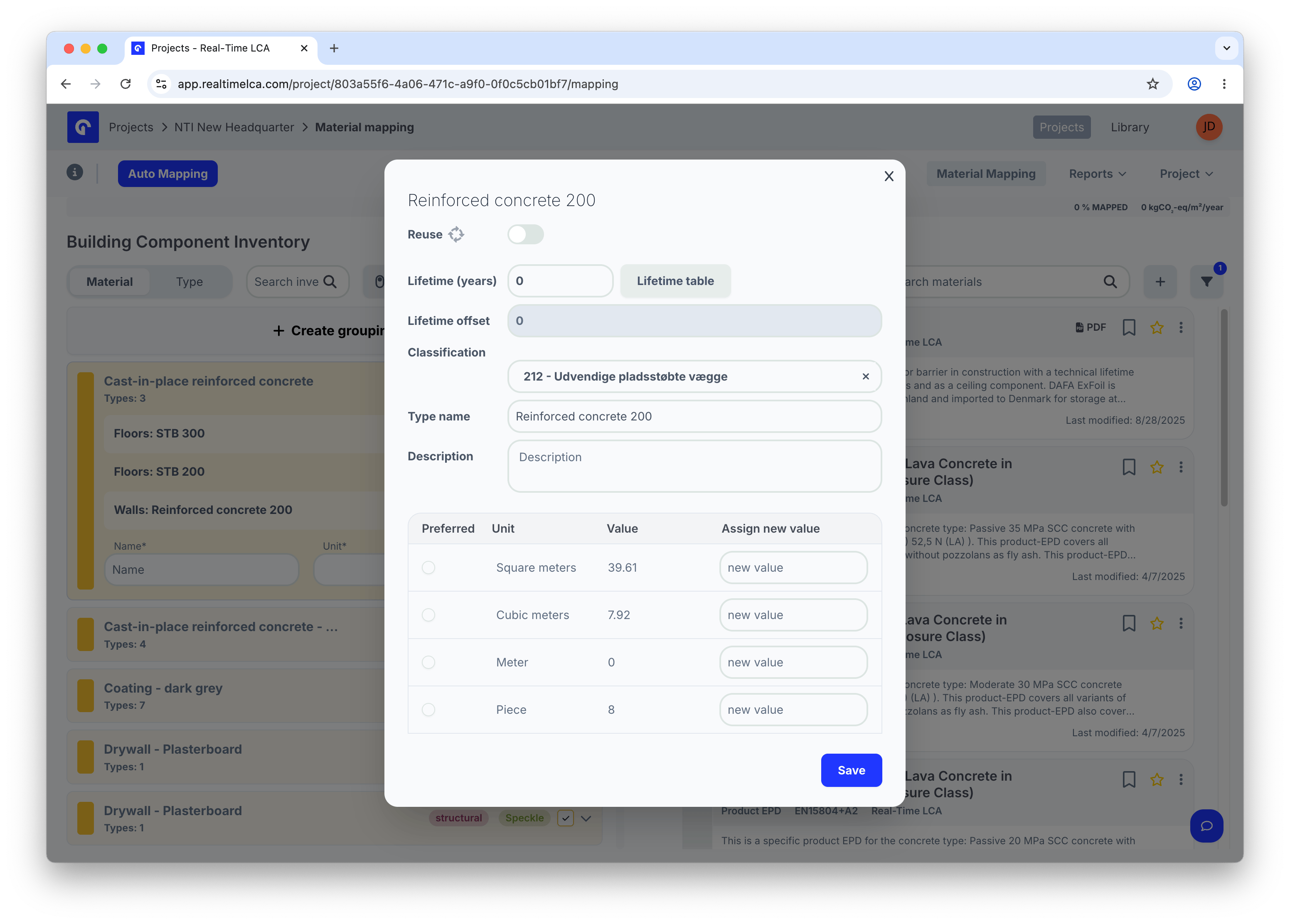 Item properties modal for Reinforced concrete 200 with Reuse toggle, Lifetime fields, Classification, Type name, Description, and a unit table.
