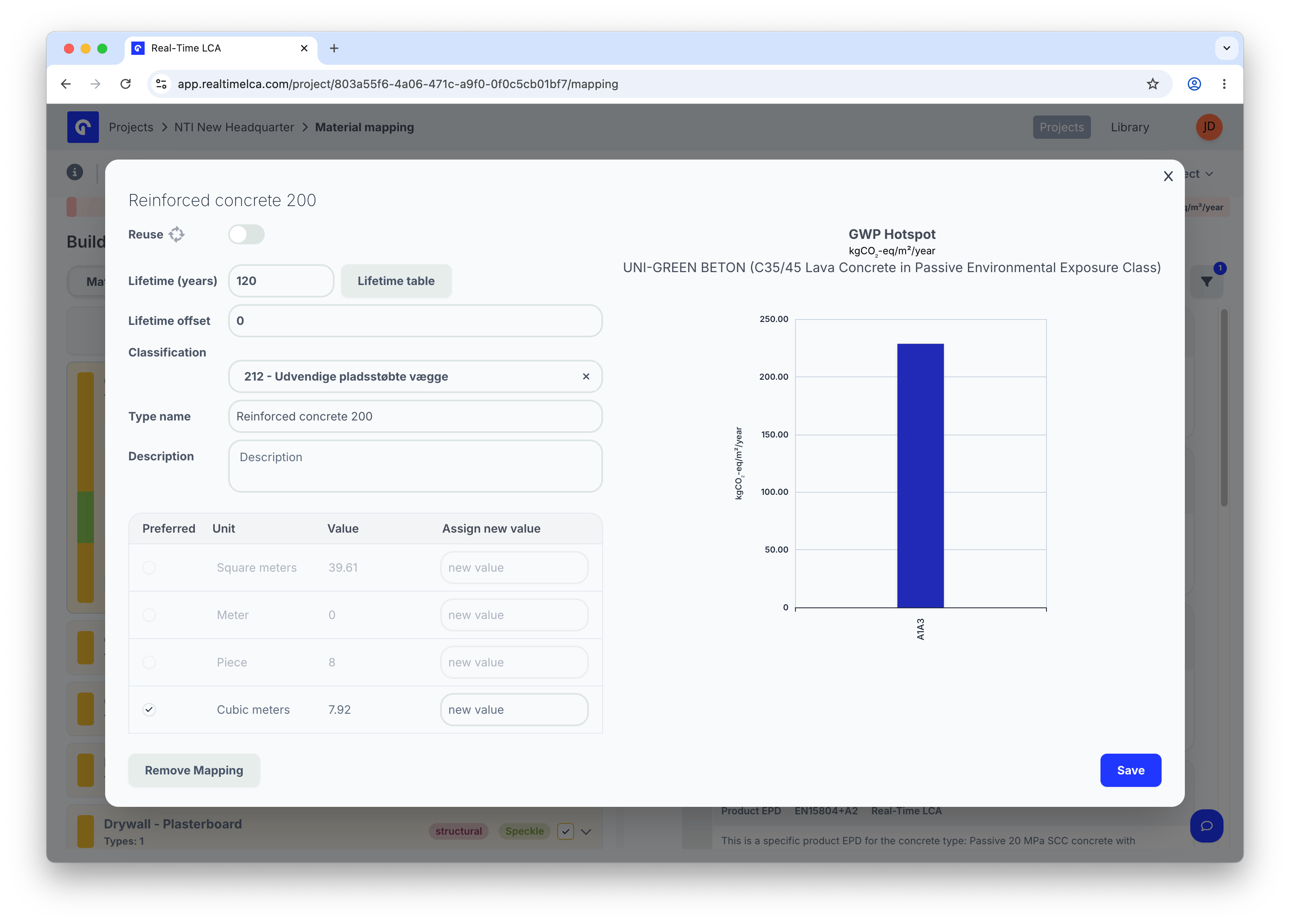 Item properties modal for Reinforced concrete 200 mapped to UNI-GREEN BETON C35/45, showing a GWP Hotspot bar chart for the A1A3 stage on the right.
