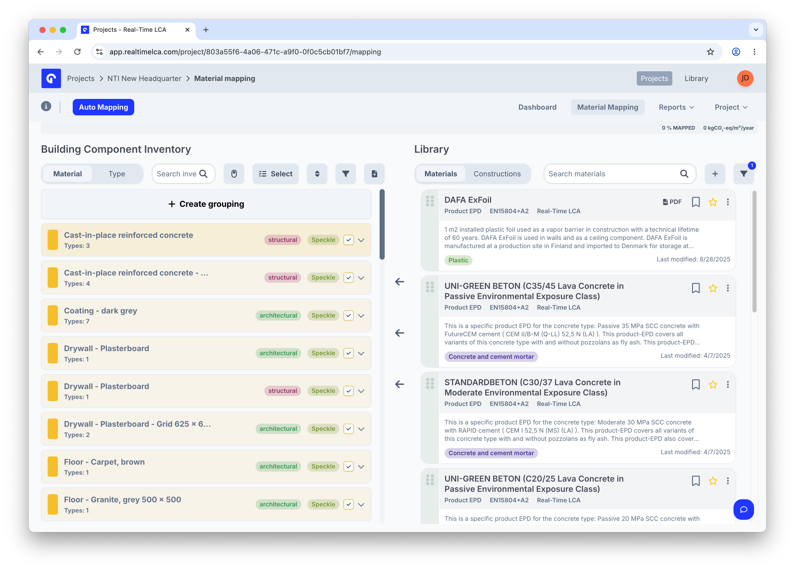 Material Mapping page with Building Component Inventory on the left, Library on the right, and an Auto Mapping button in the top-left.