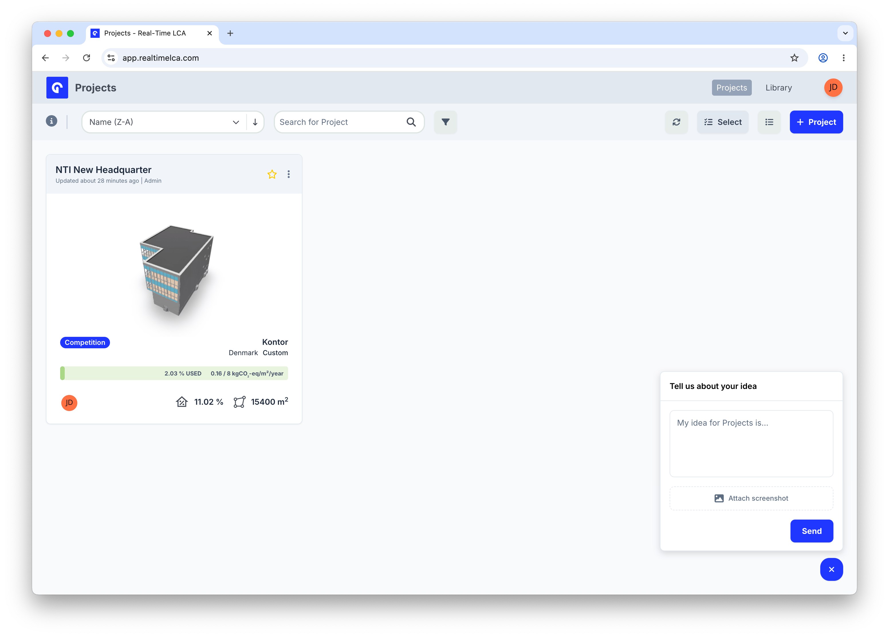 Tell us about your idea form with a message field, Attach screenshot button, and Send button.