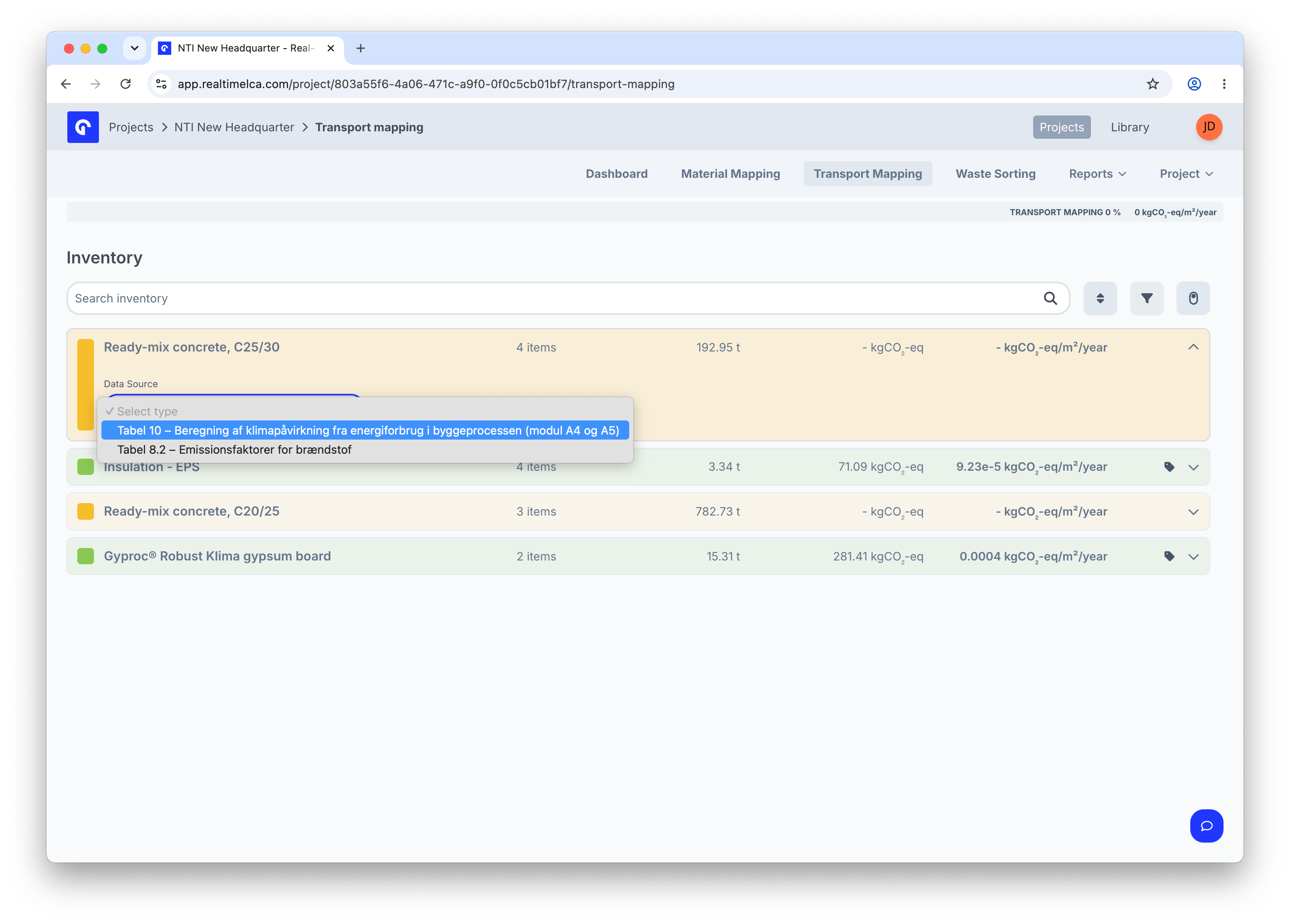 Transport Mapping Data Source dropdown listing a distance-based table and a fuel-based emission factors table.
