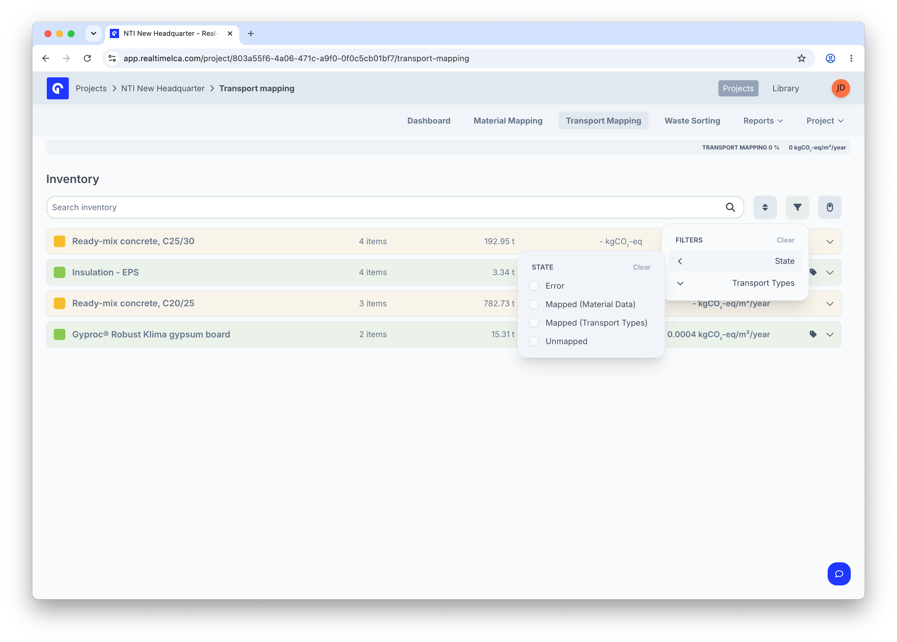Transport Mapping filter dropdown with State options Error, Mapped (Material Data), Mapped (Transport Types), and Unmapped.