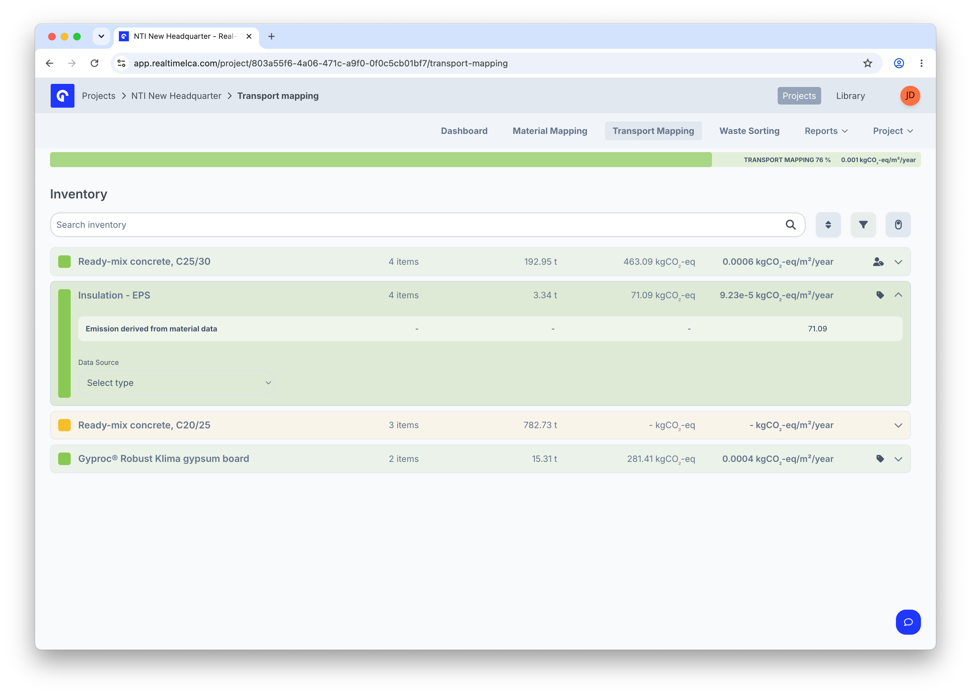 Insulation - EPS row expanded with an Emission derived from material data note and a disabled Data Source picker.