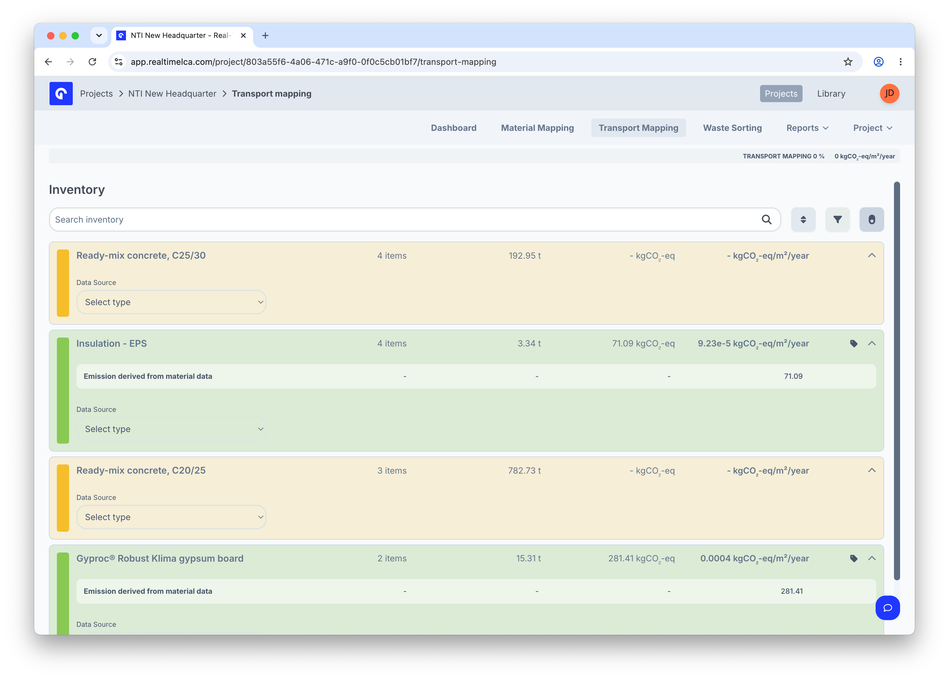 Expanded Transport Mapping inventory with two yellow unmapped rows and two green rows where the emission is derived from material data.