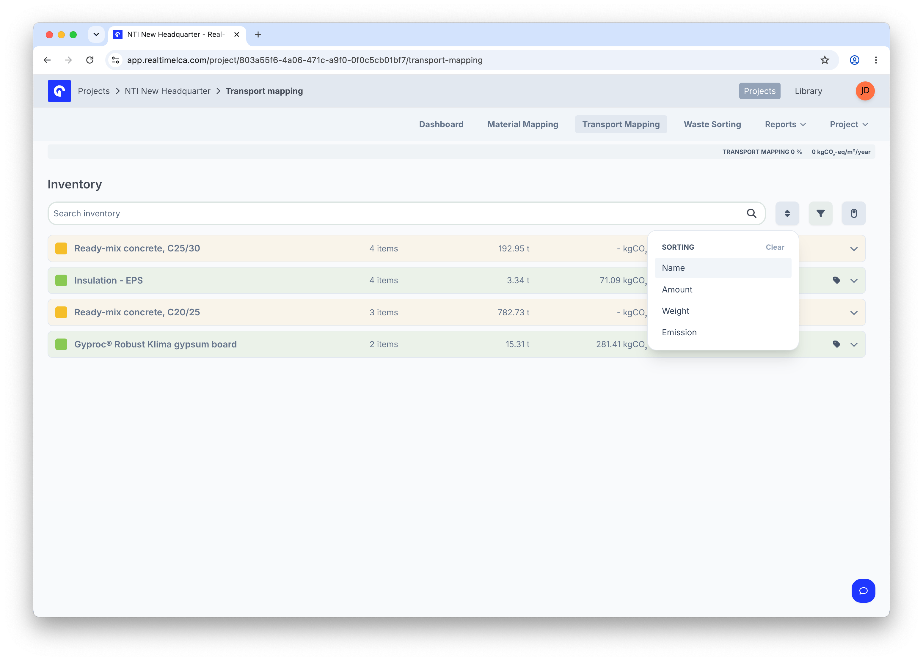 Transport Mapping sort dropdown with Name, Amount, Weight, and Emission options.