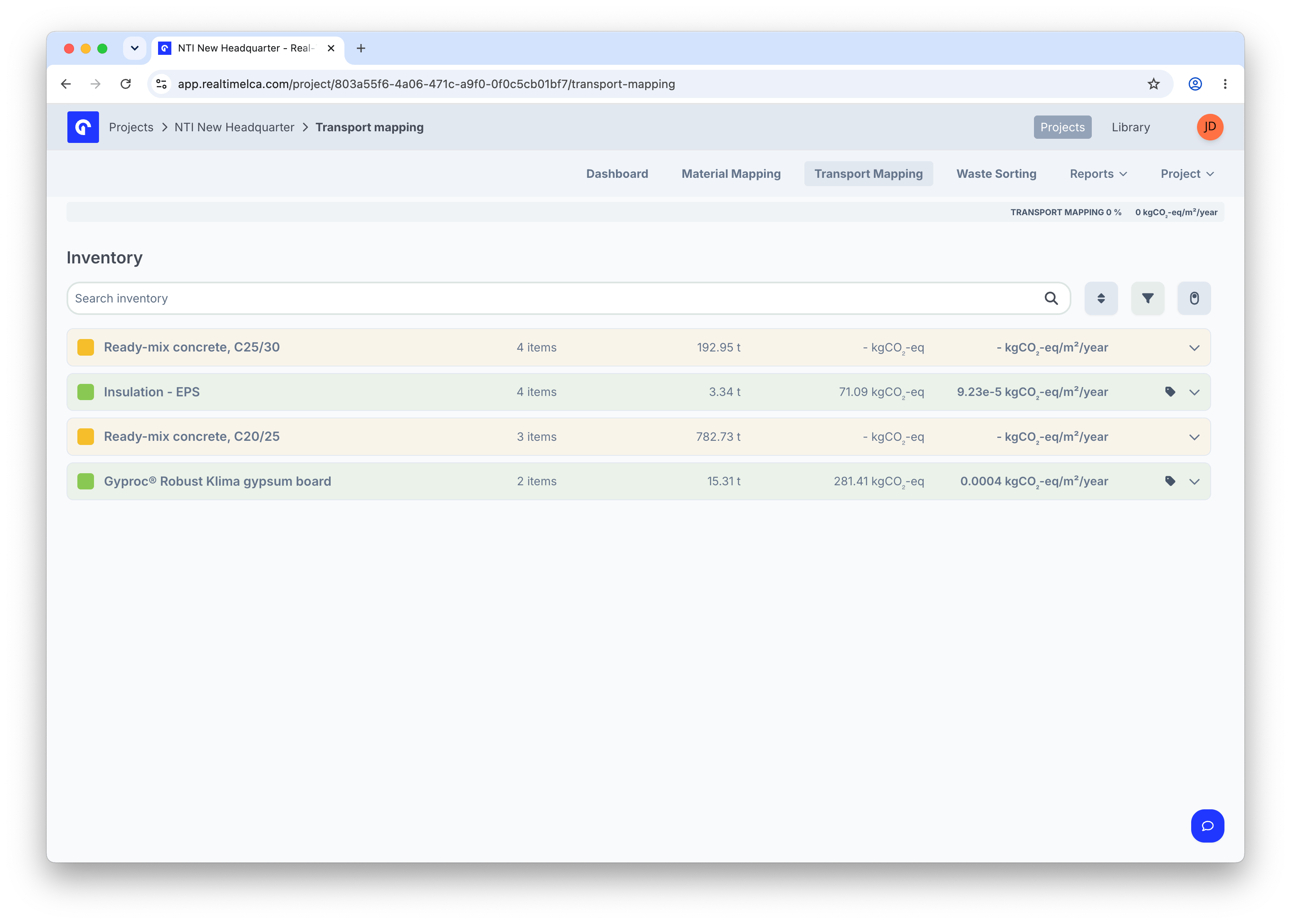 Transport Mapping page showing an Inventory list of materials, each row coloured by mapping state, with a TRANSPORT MAPPING % and kgCOβ-eq/mΒ²/year live counter in the header.