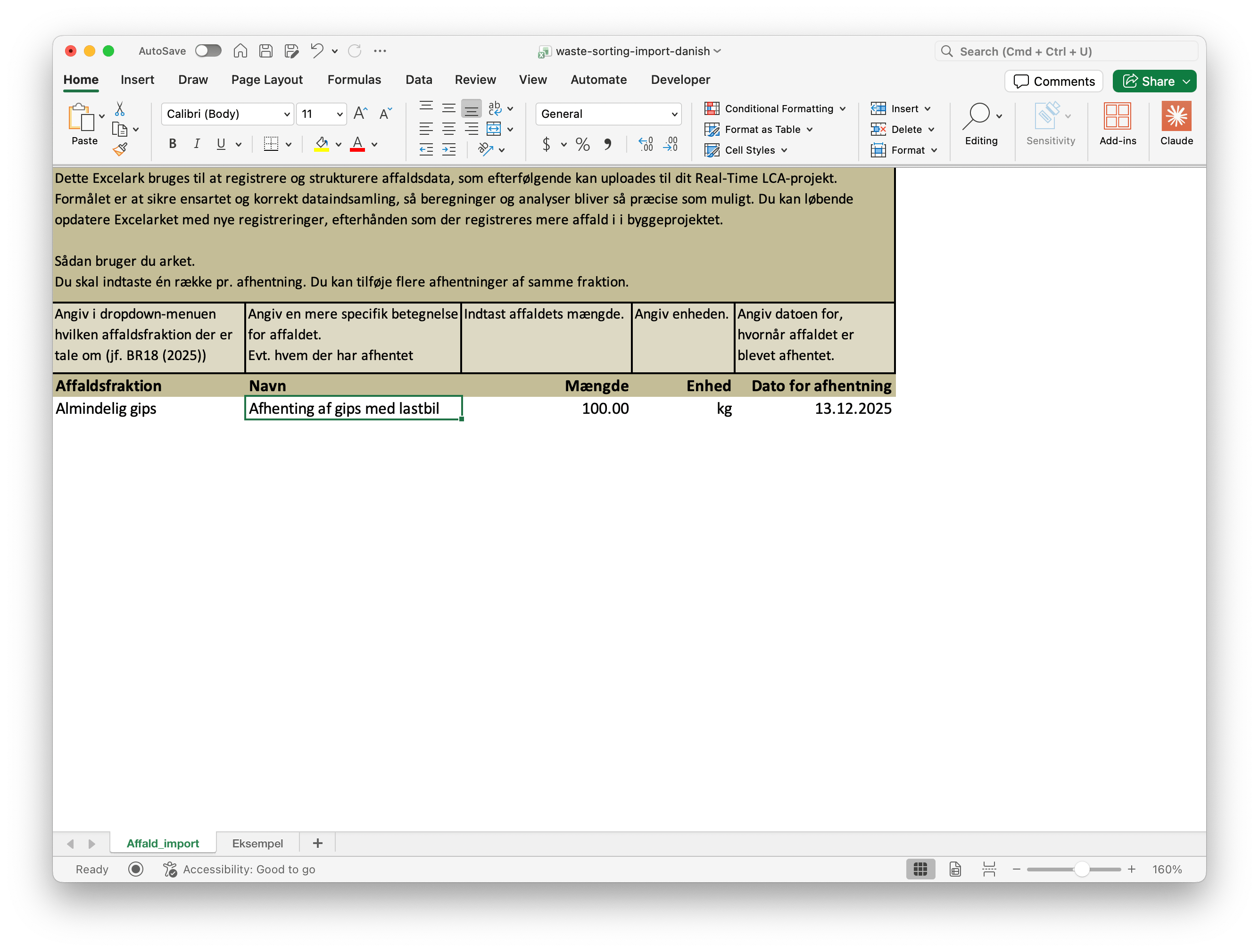 Excel template row with Almindelig gips fraction, an Afhentning af gips med lastbil entry, 100.00 weight, kg unit, and 13.12.2025 pickup date.