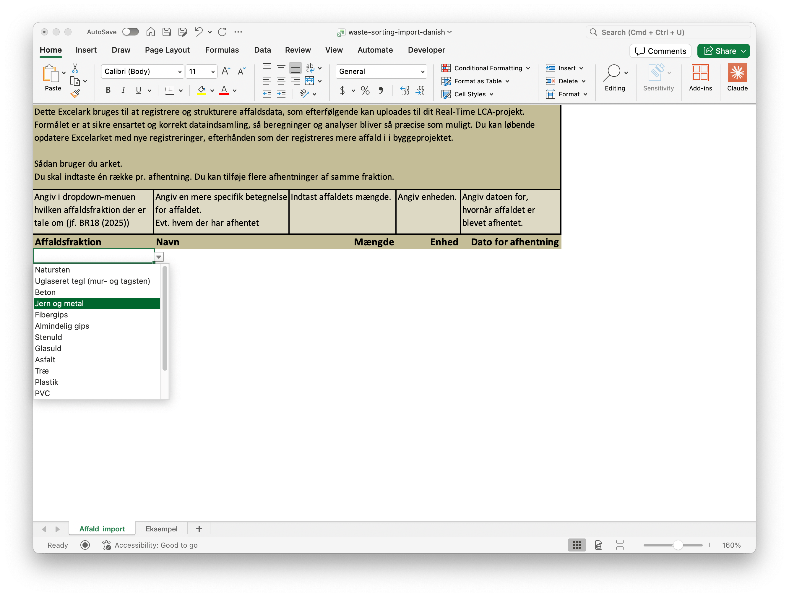 Excel waste-sorting template with the Affaldsfraktion column open showing fractions like Natursten, Beton, Jern og metal, Fibergips, Almindelig gips, Stenuld, Glasuld, Glas, Asfalt, Træ, Plastik, and PVC.
