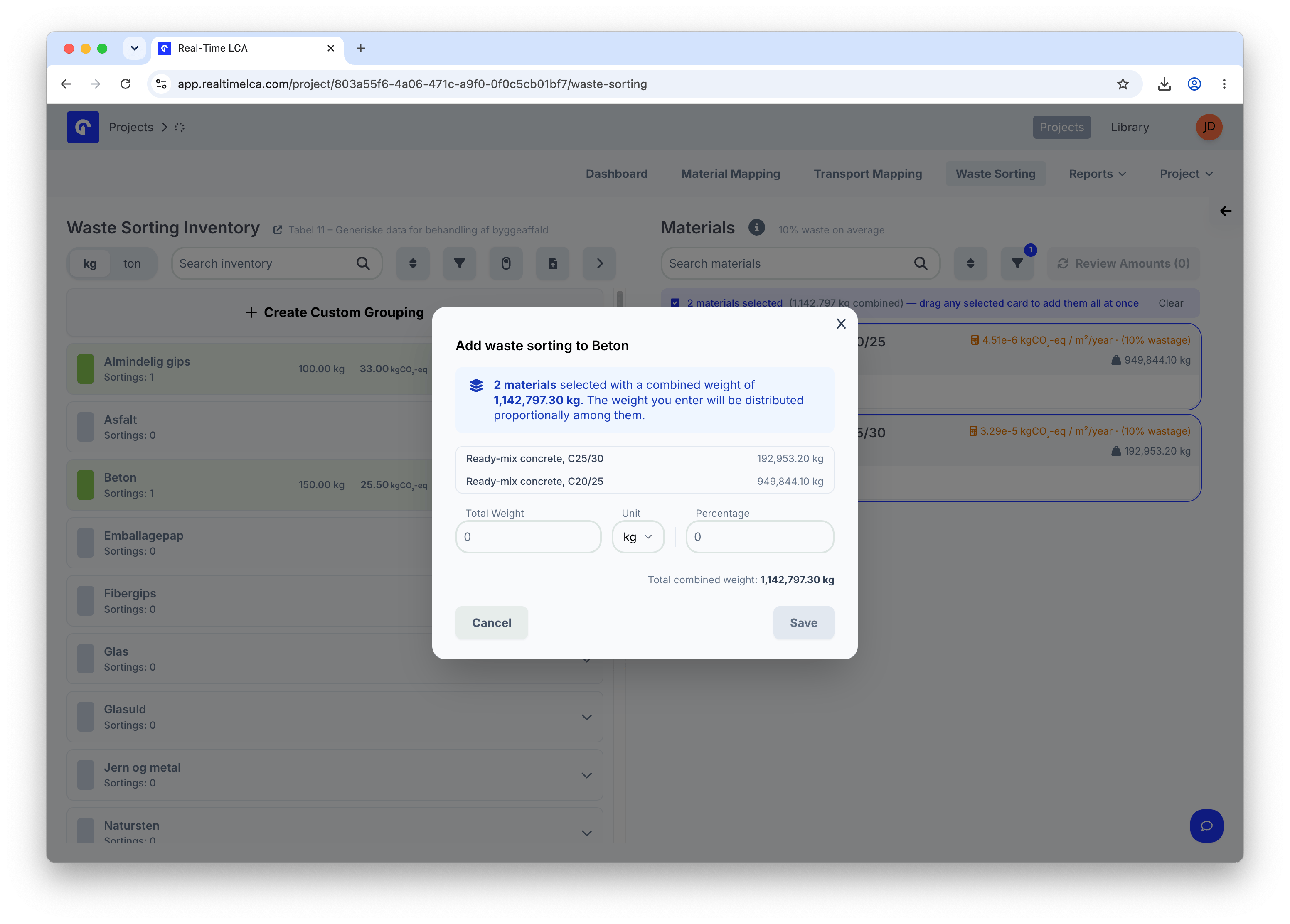 Add waste sorting to Beton modal explaining that the two materials selected will share the entered weight proportionally.