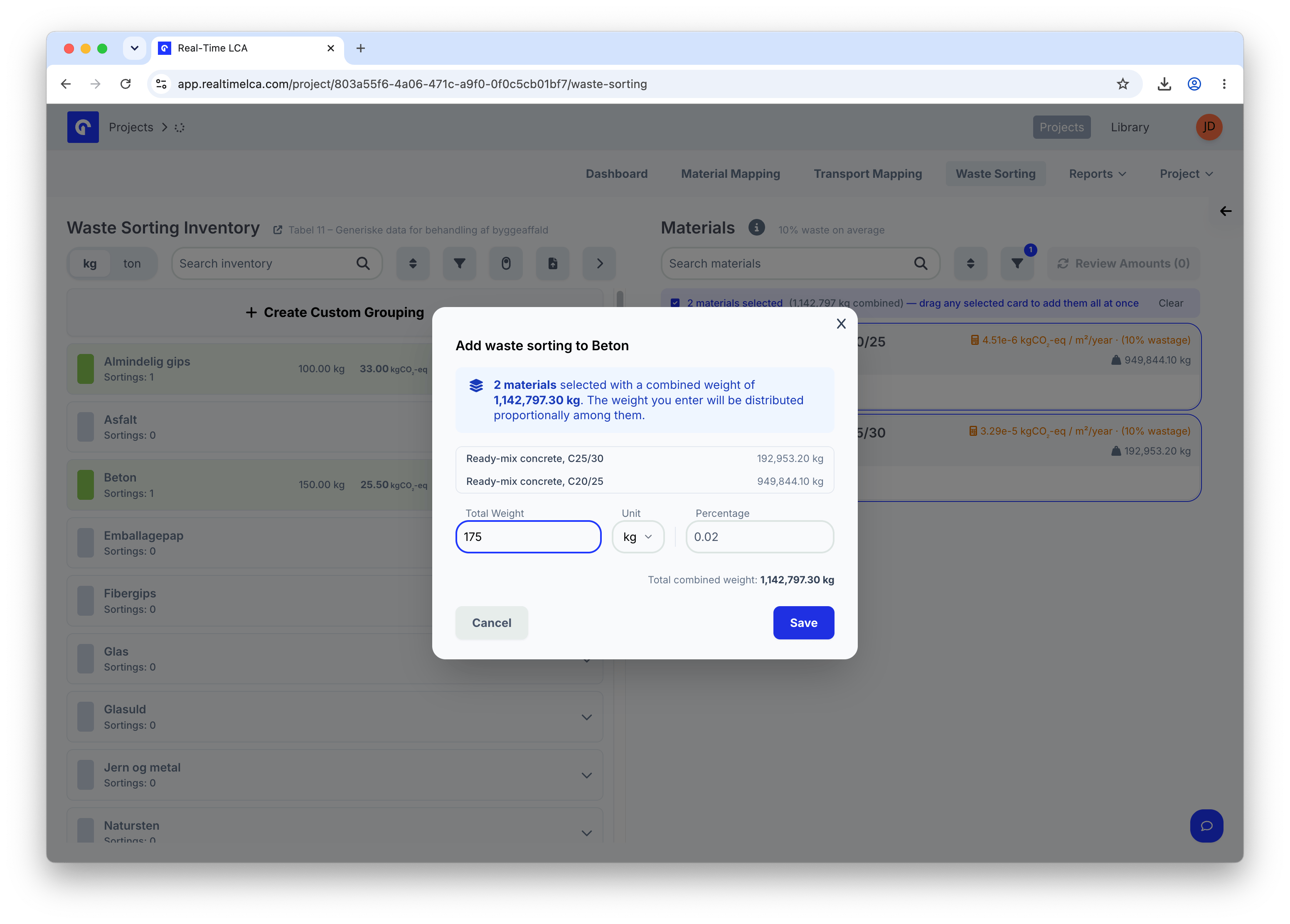 Add waste sorting modal with a Total Weight value entered, Unit kg, and Percentage 0.02.
