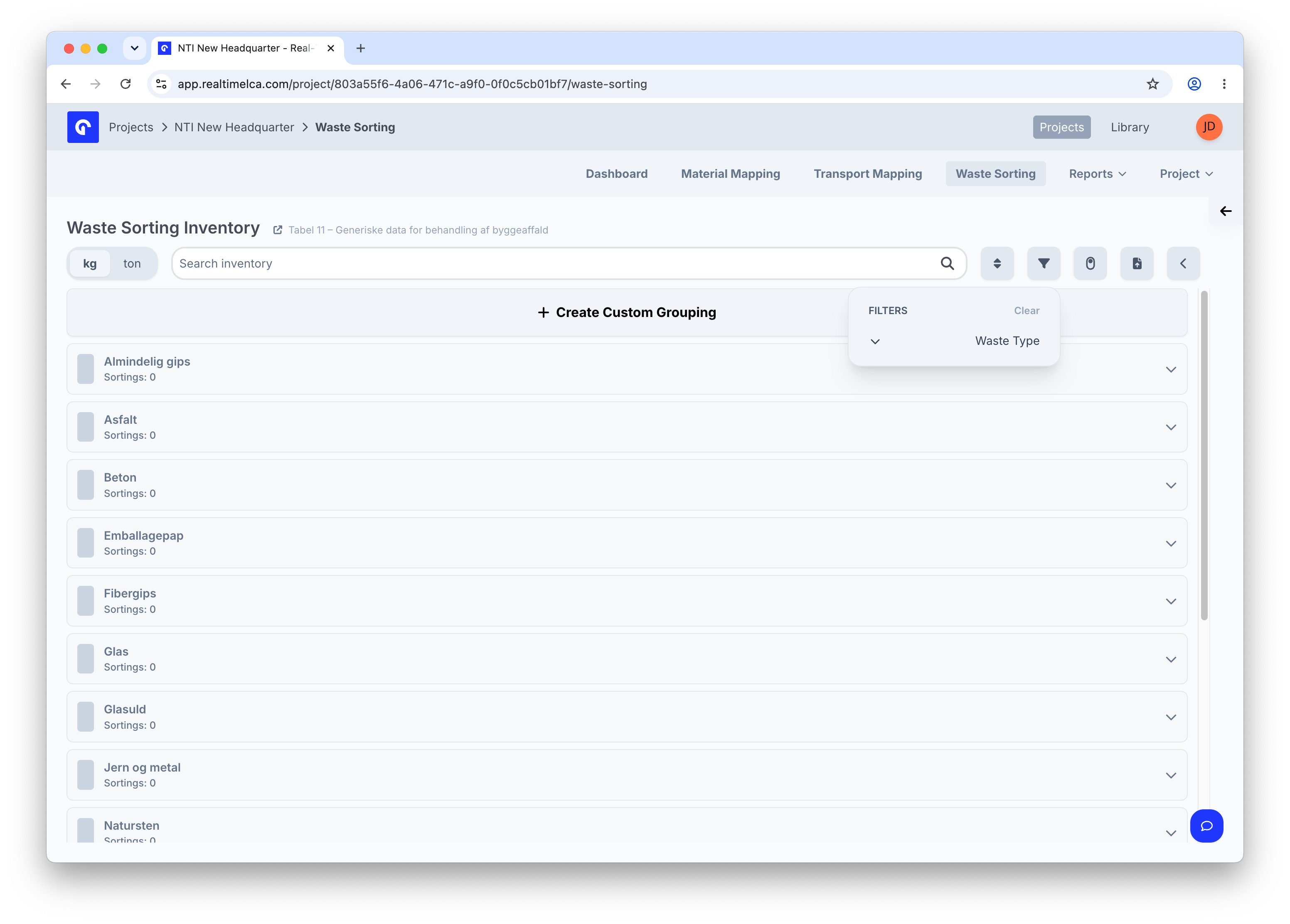 Waste Sorting Inventory filter dropdown with a Waste Type group.